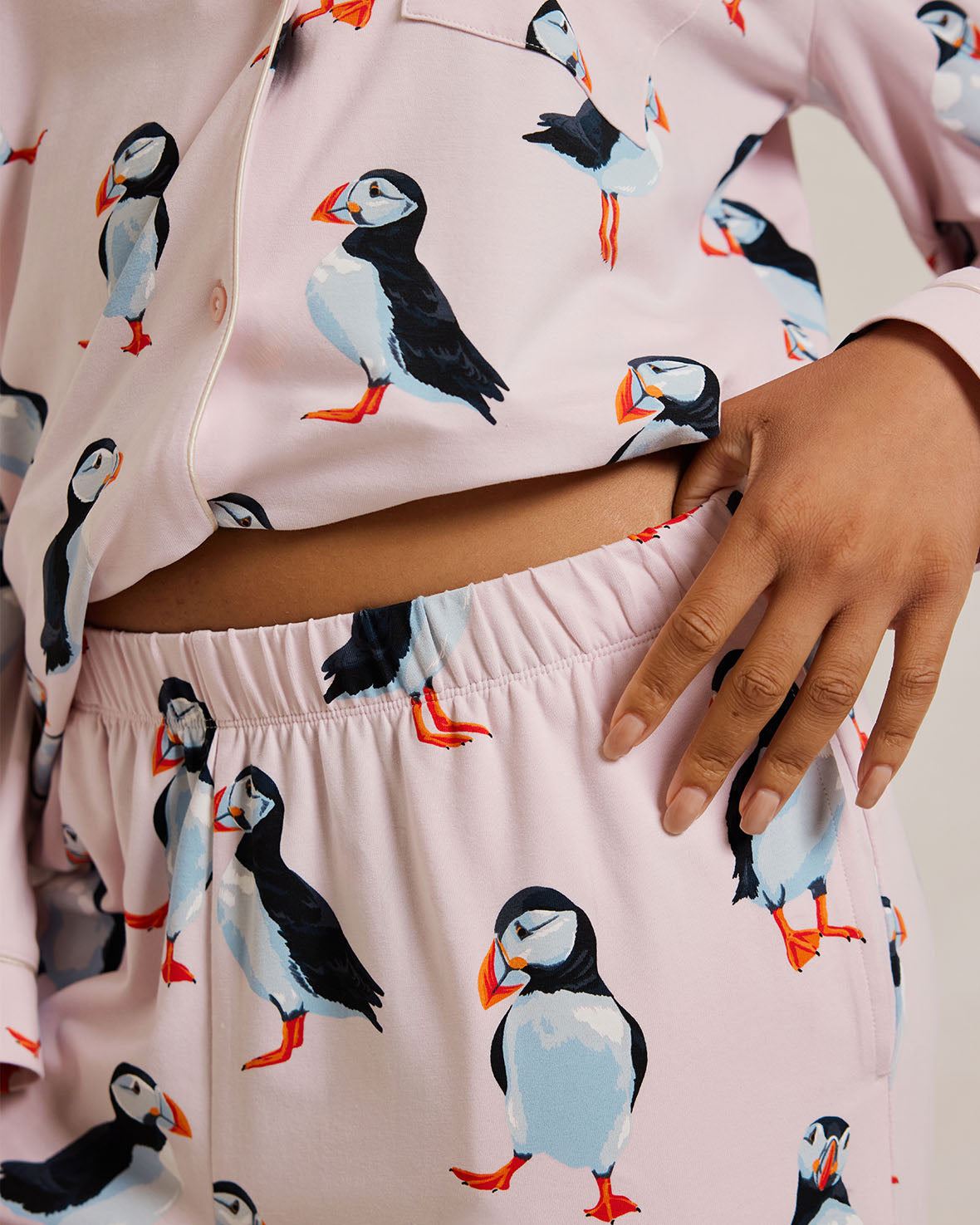 Organic Cotton Puffin Print Long Sleeve Pajama Set for Women - Soft & Comfortable Sleepwear for Winter Nights, Loungewear, and Cozy Home Relaxation