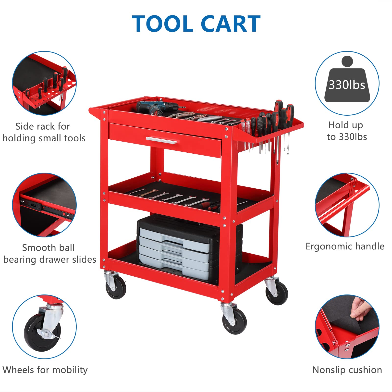 TUFFIOM 3-Tier Heavy Duty Rolling Tool Cart with Drawer & 2 Brake Wheels - 330 LBS Capacity Industrial Utility Cart for Mechanics - Perfect for Garage, Warehouse & Auto Repair Shop Organization