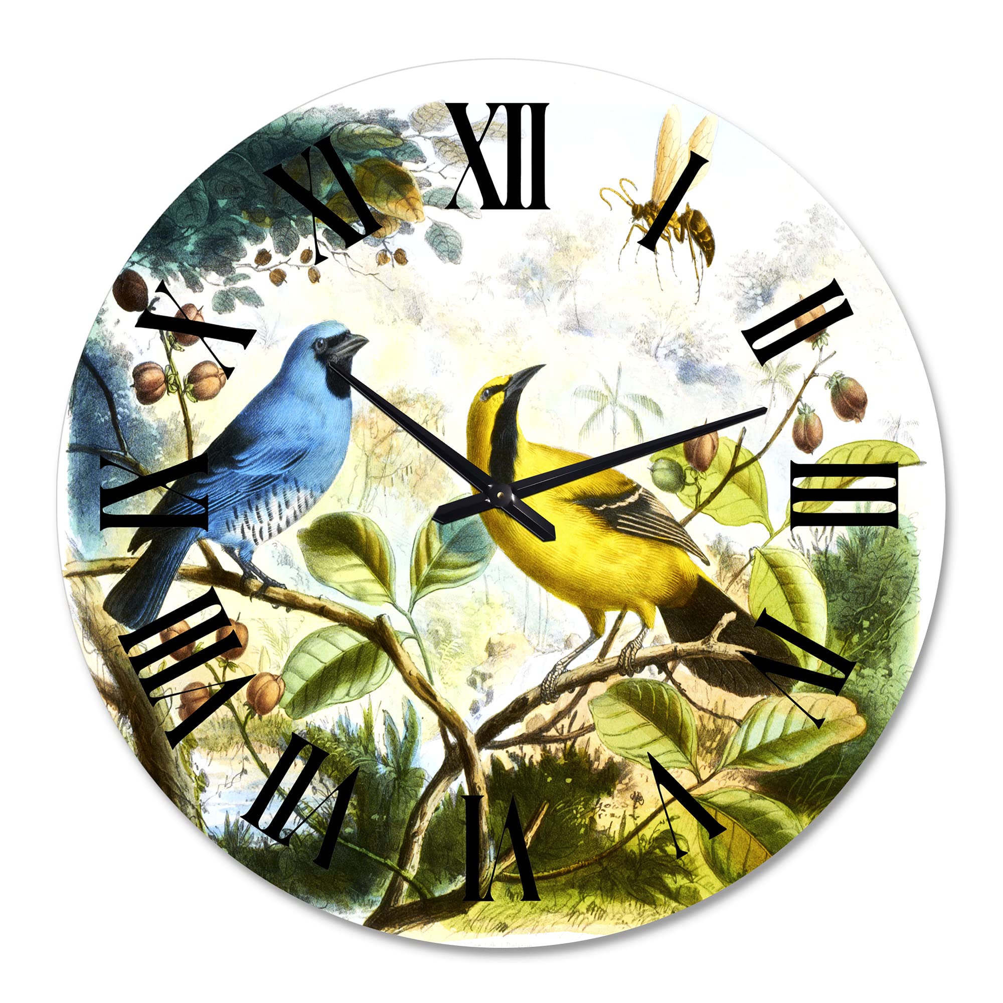 Blue and Yellow Bird in The Wild Wall Clock - Large Traditional DesignQ Wall Clock for Home, Office & Living Room Decor - Perfect for Farmhouse, Bedroom & Kitchen Wall Art
