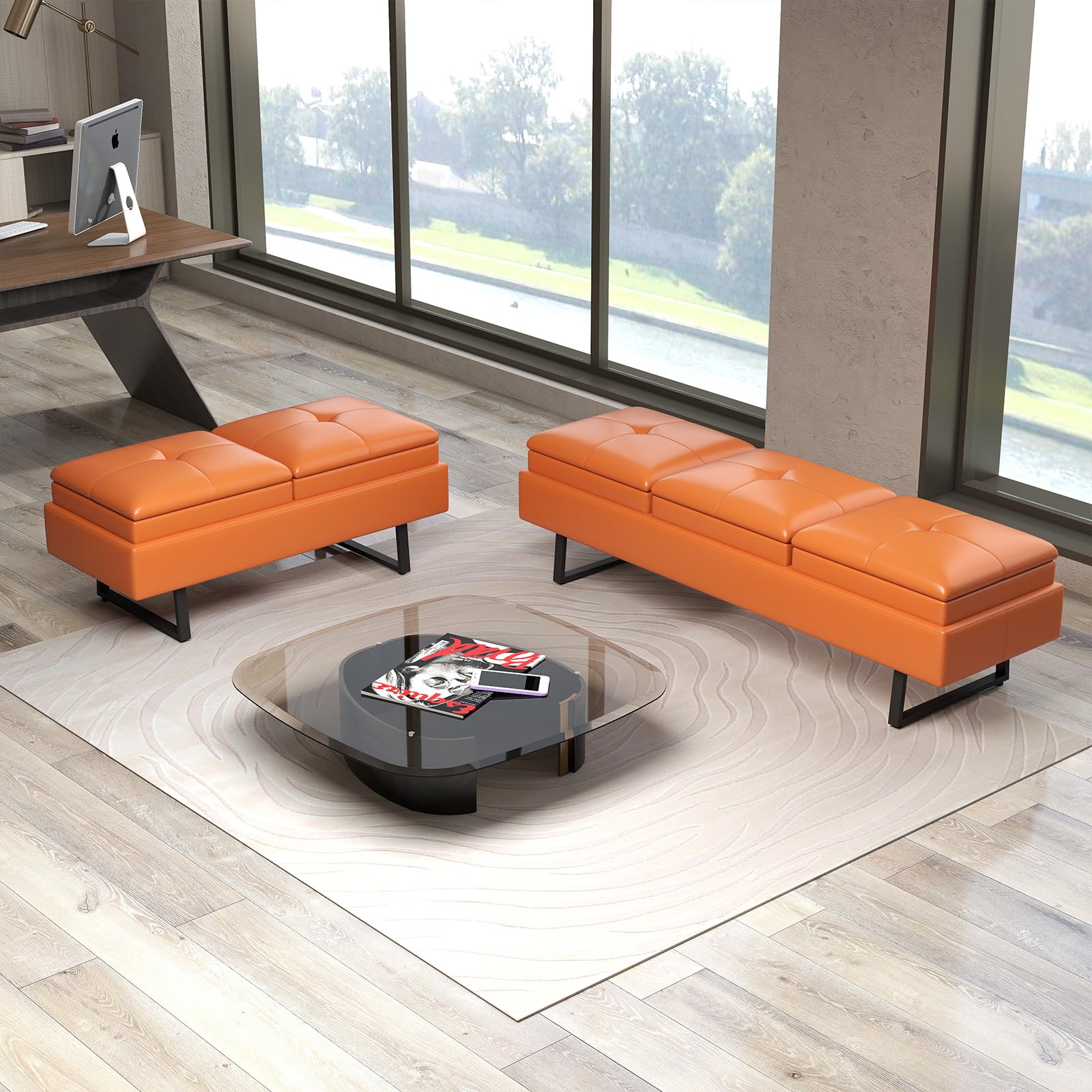 Kinsuite 5-Seat Modern Waiting Room Chairs - Thickened Cushion PU Leather Reception Bench for Office, Salon & Lobby - Entryway & Living Room Furniture (Orange) - Perfect for Waiting Areas, Reception Spaces & Commercial Interiors
