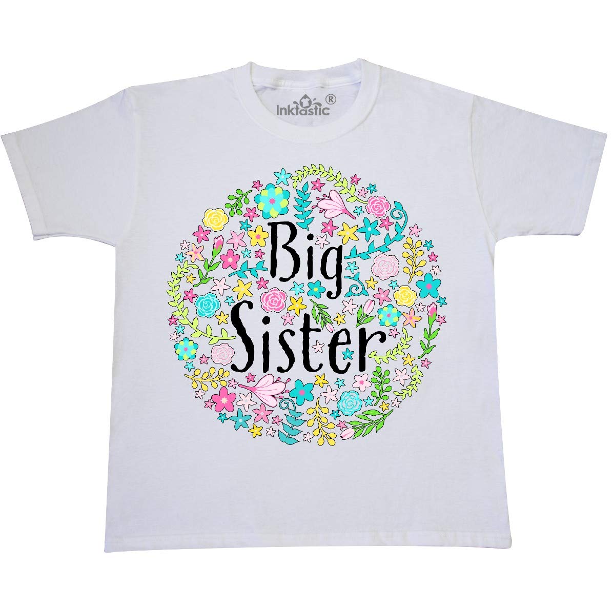 Inktastic Big Sister with Flower Circle Youth T-Shirt - Cute Floral Design Sibling Shirt for Girls - Perfect for Birthdays, Family Photos & Sister Bonding Moments