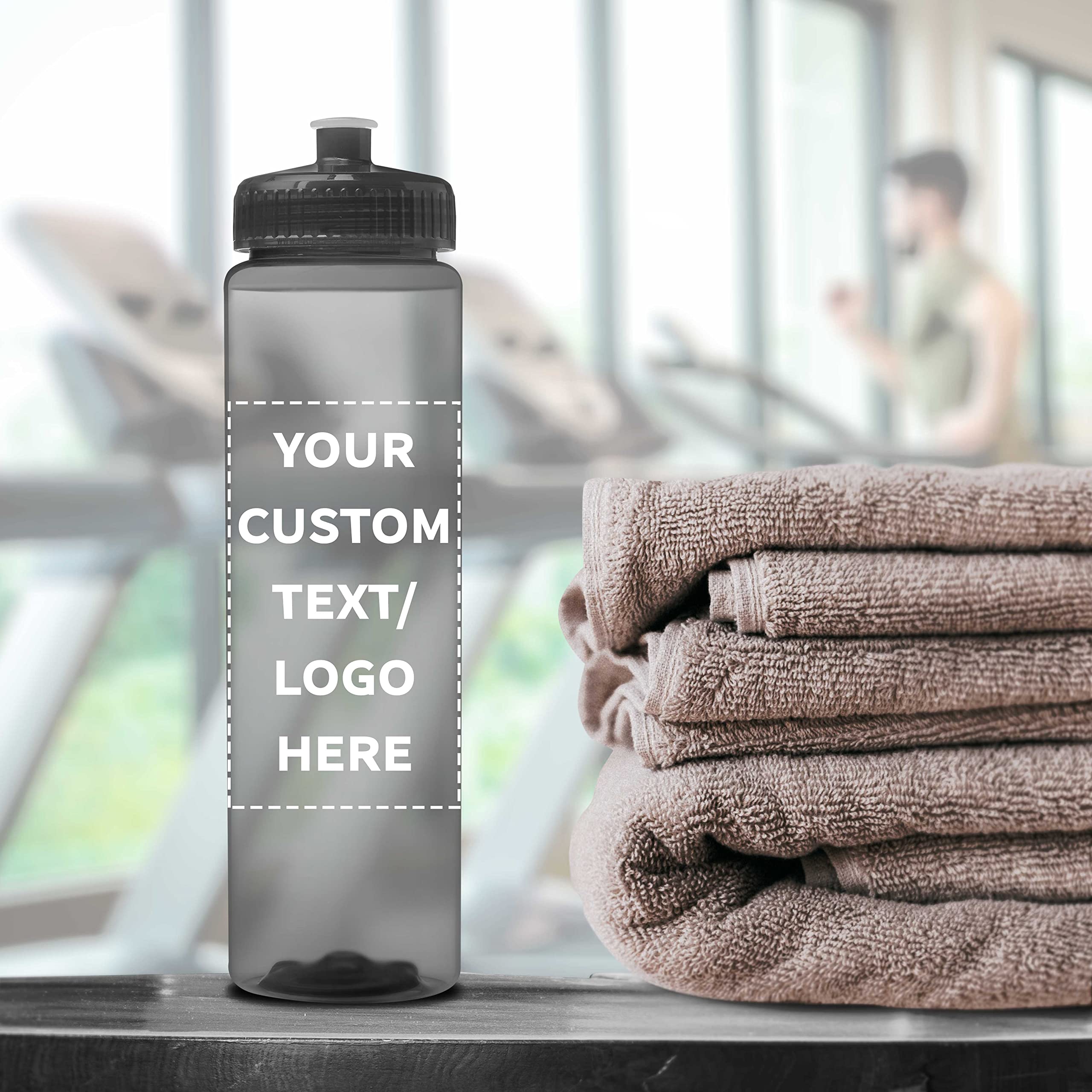 100 Pack 32oz Clear Plastic Water Bottles with Push-Pull Lids - Custom Text & Logo Printing - Durable, Leak-Proof, BPA-Free - Ideal for Sports, Gym, Office & Outdoor Activities - Transparent Smoke Color