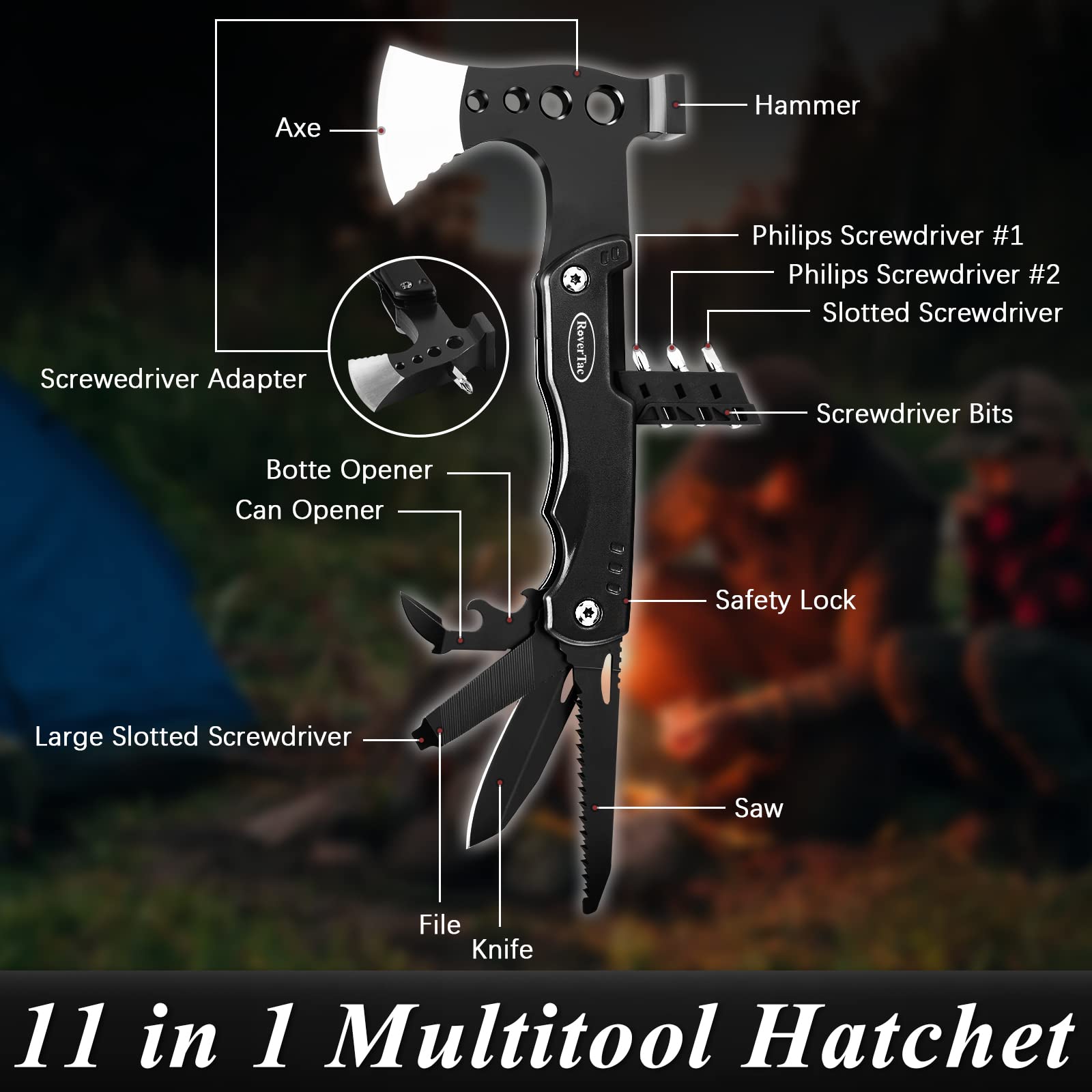 RoverTac 11-in-1 Multi Tool Camping Axe with Knife, Hammer, Saw & Bottle Opener - Survival Gear for Men - Perfect for Camping, Hiking & Outdoor Adventures