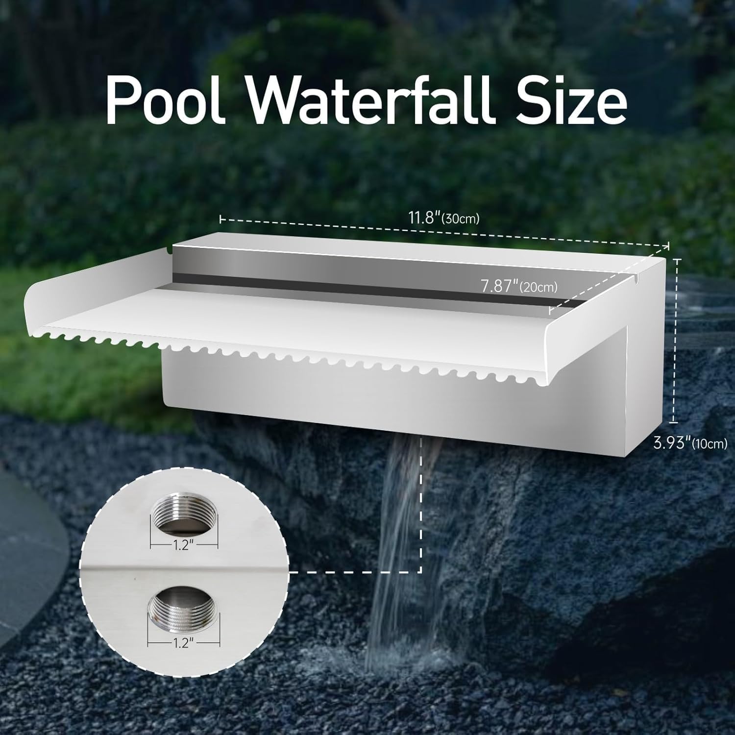 Stainless Steel Pool Fountain & Pond Waterfall Spillway Kit - 24 Inch Outdoor Water Feature for Garden, Patio, Backyard Koi Pond - No LED Light - Perfect for Landscaping & Relaxing Water Decor