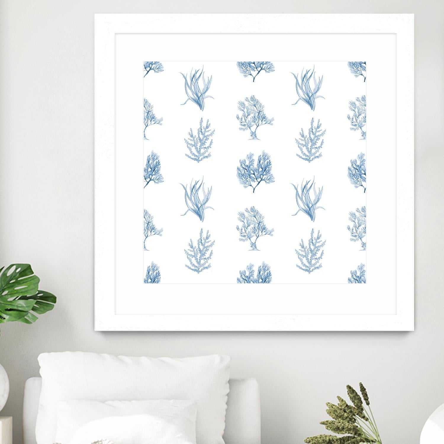 Blue Seagrass Pattern Home Decor - Coastal Style Wall Art, Throw Pillow & Table Runner Set for Beach House & Boho Living Room
