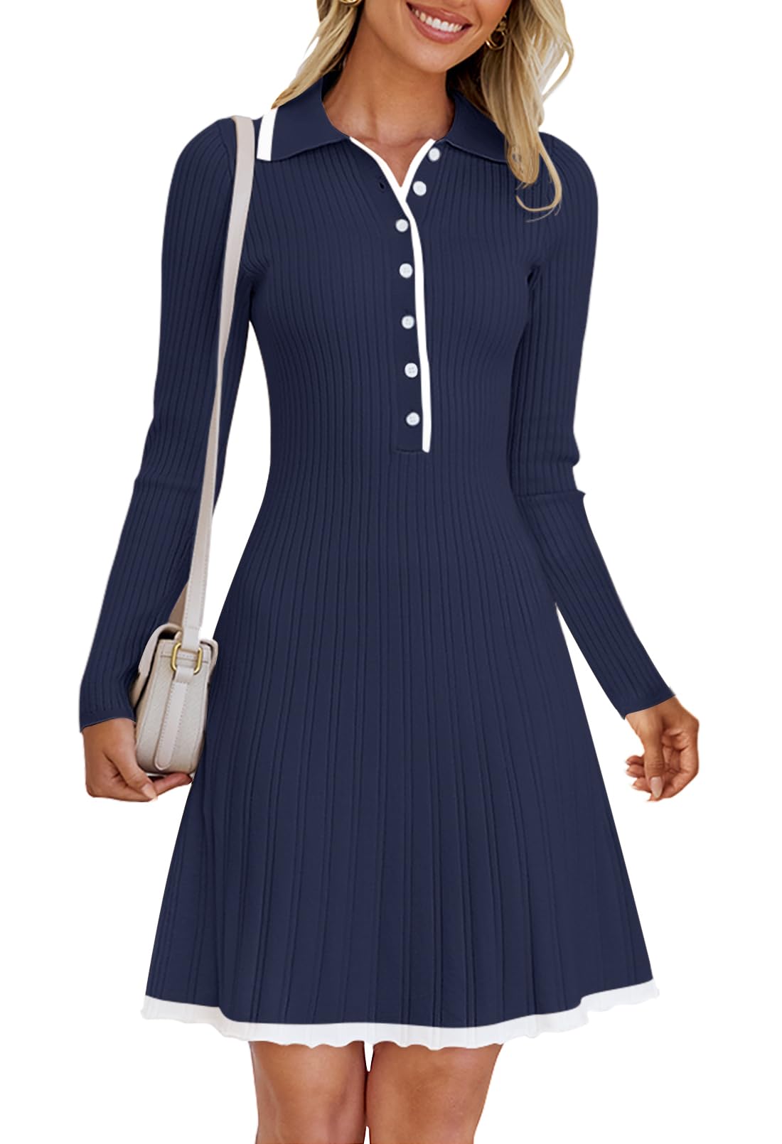 MEROKEETY Women's Long Sleeve V Neck Sweater Dress - 2025 Spring Button Down Knit Pleated Mini Dress for Work, Date Night & Office Wear