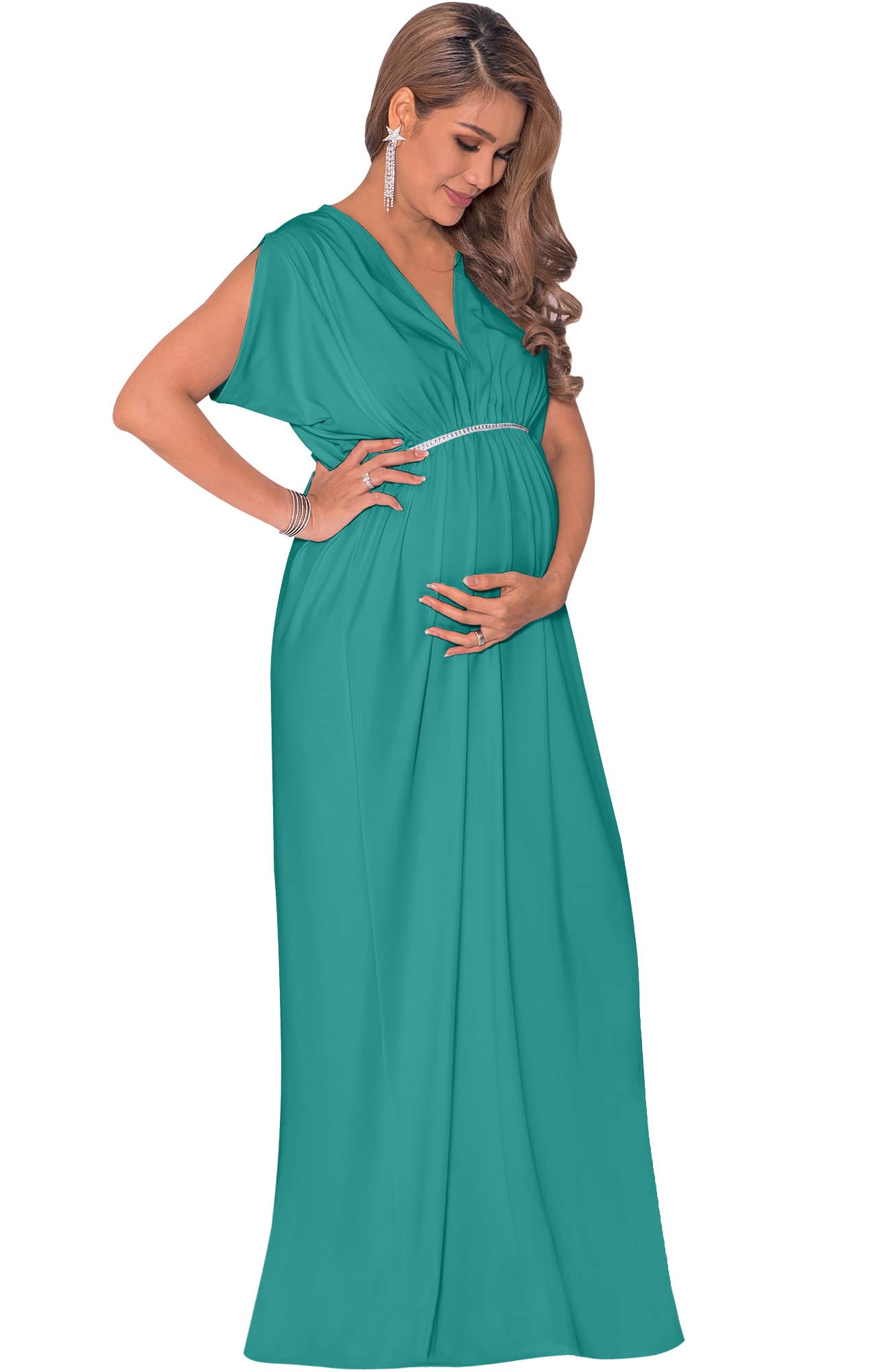 KOH KOH Women's Maternity Maxi Dress - Long & Short Sleeve V-Neck Flowy Summer Gown for Pregnancy | Perfect for Beach Vacations, Baby Showers & Casual Outings