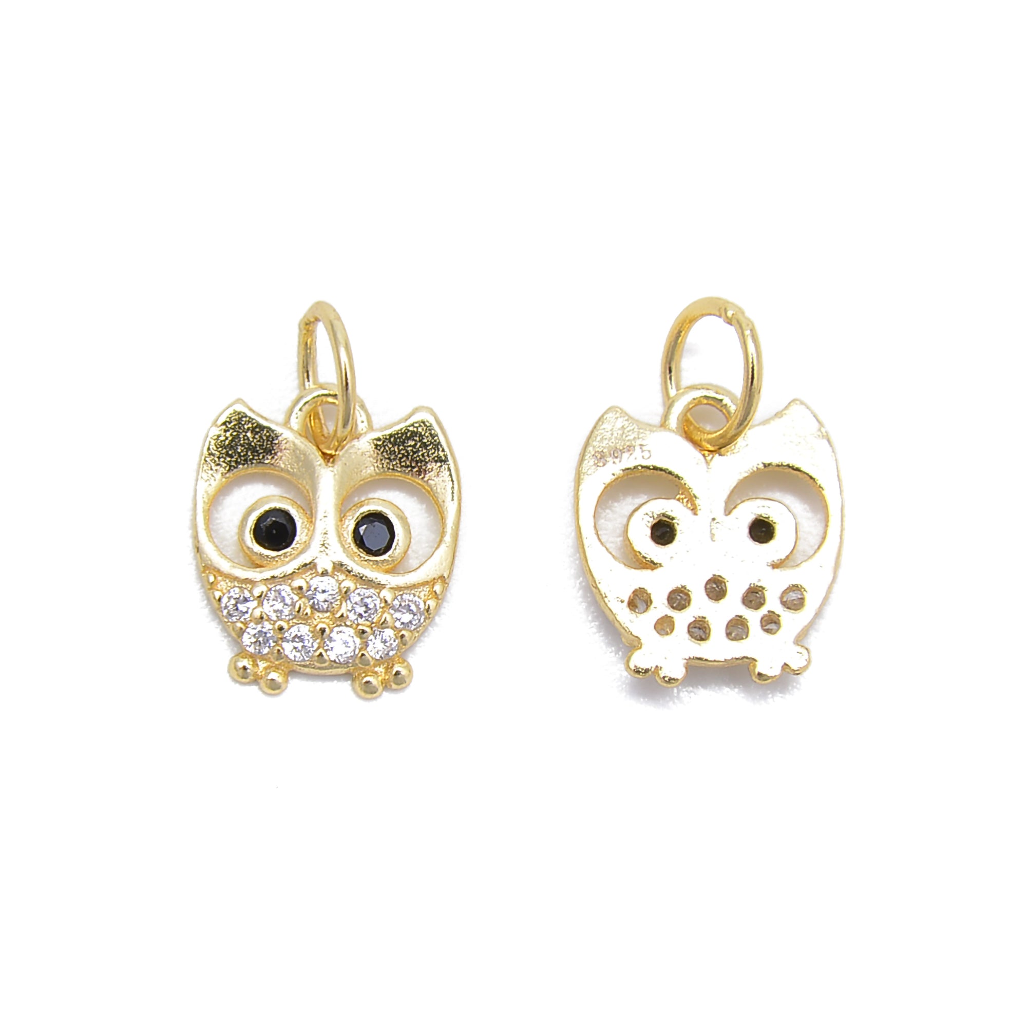 Gold Plated Sterling Silver Owl Charm with CZ Stones - 9x10mm (3 PCS/Bag) - Perfect for Jewelry Making, DIY Crafts & Gift Giving