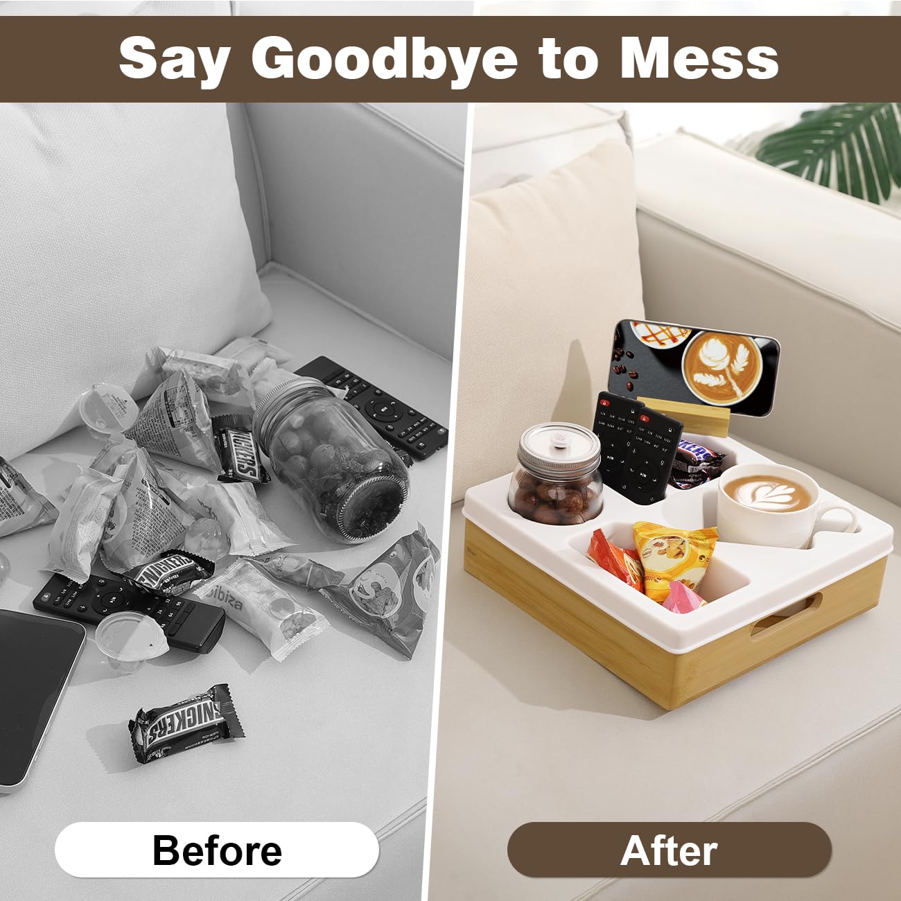 Rotatable Couch Cup Holder Tray with Phone Stand - Waterproof Sofa Organizer for Beverages, Snacks & Remote Control - Perfect for Living Room, Bedroom & Home Theater (White)