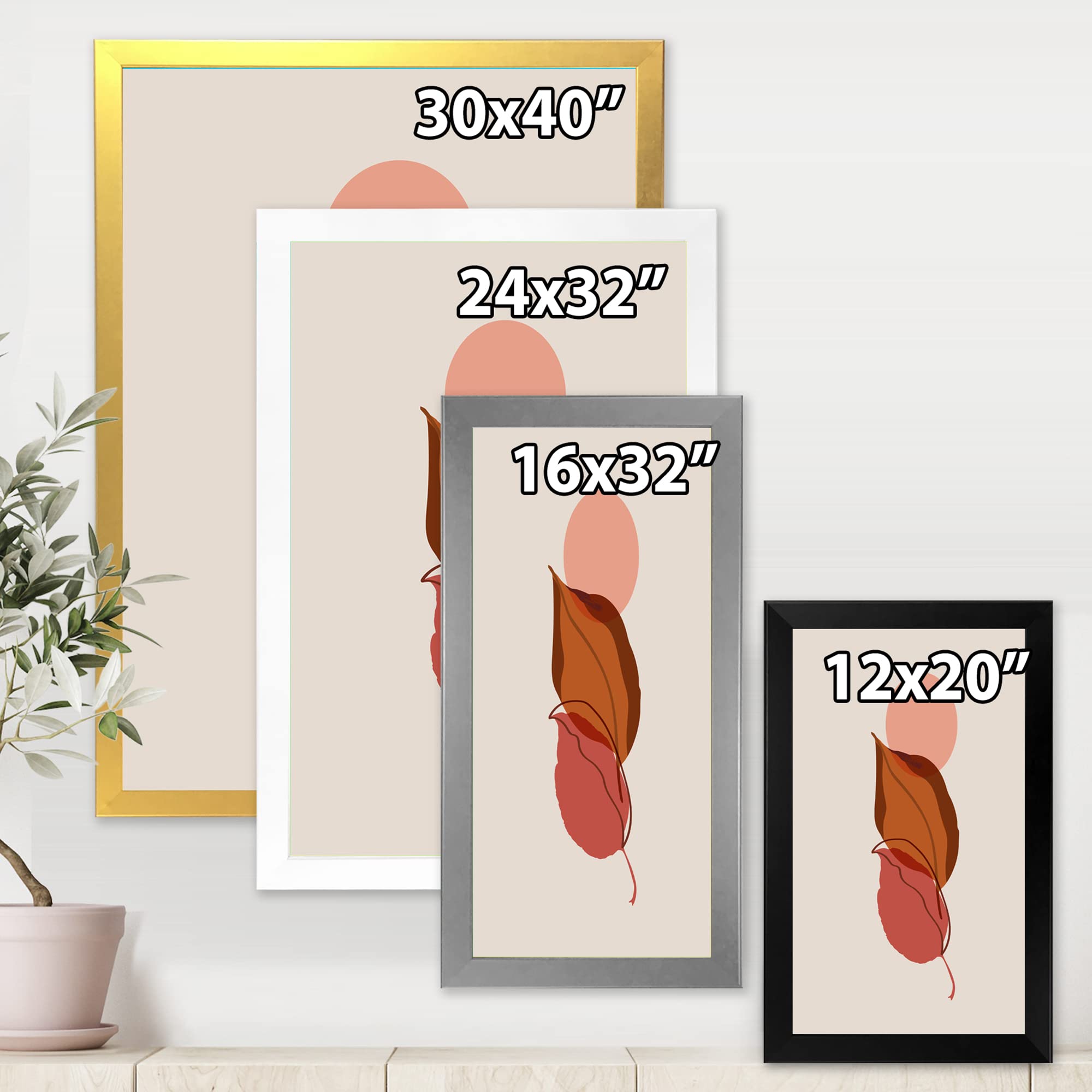 DesignQ Two Autumn Leaves Falling Under A Red Full Moon - Modern Framed Wall Art for Living Room, Bedroom & Office Decor