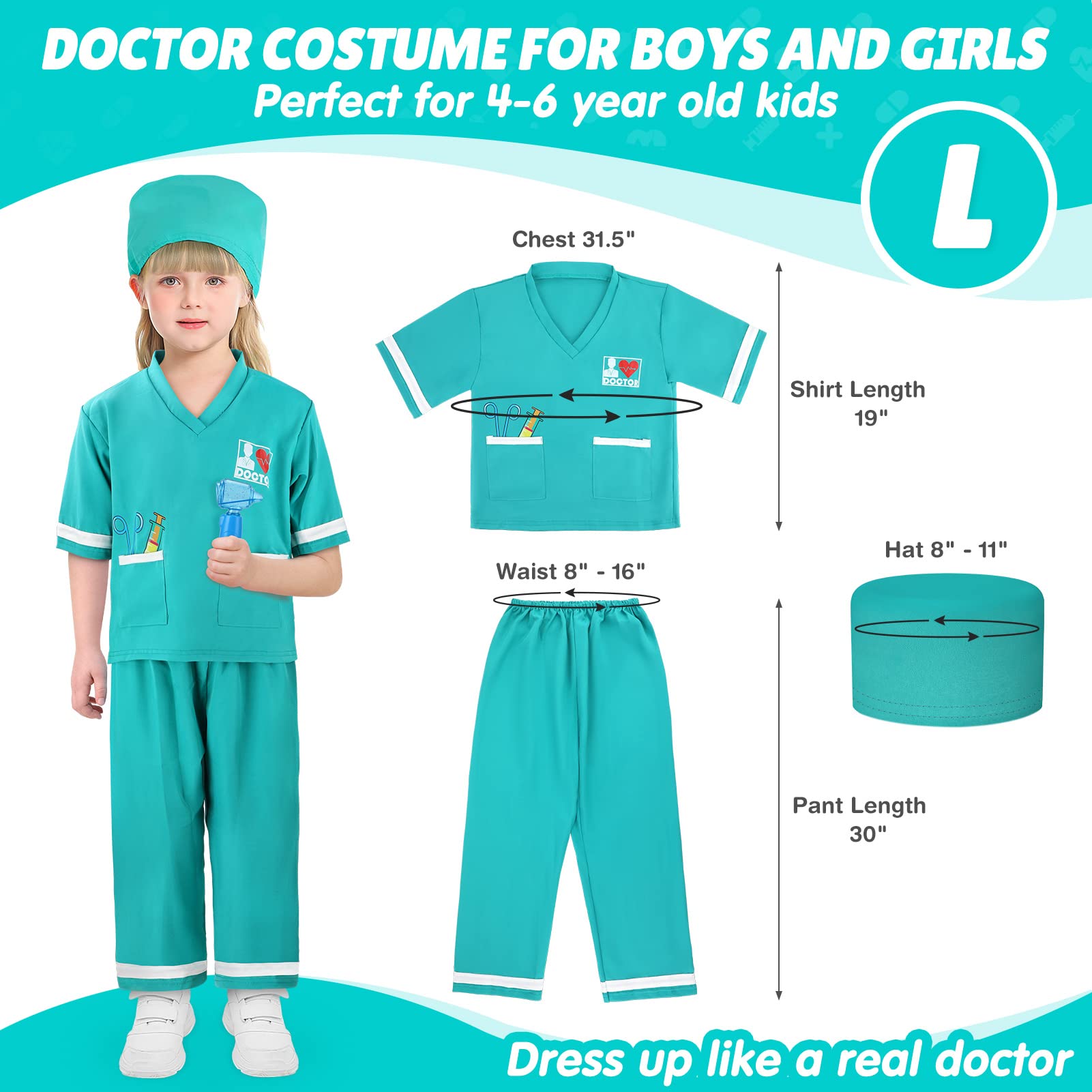 Kids Doctor Costume Set with Scrubs & Accessories - Halloween Dress Up for Toddlers & Children - Perfect for Role Play, Pretend Play & Costume Parties