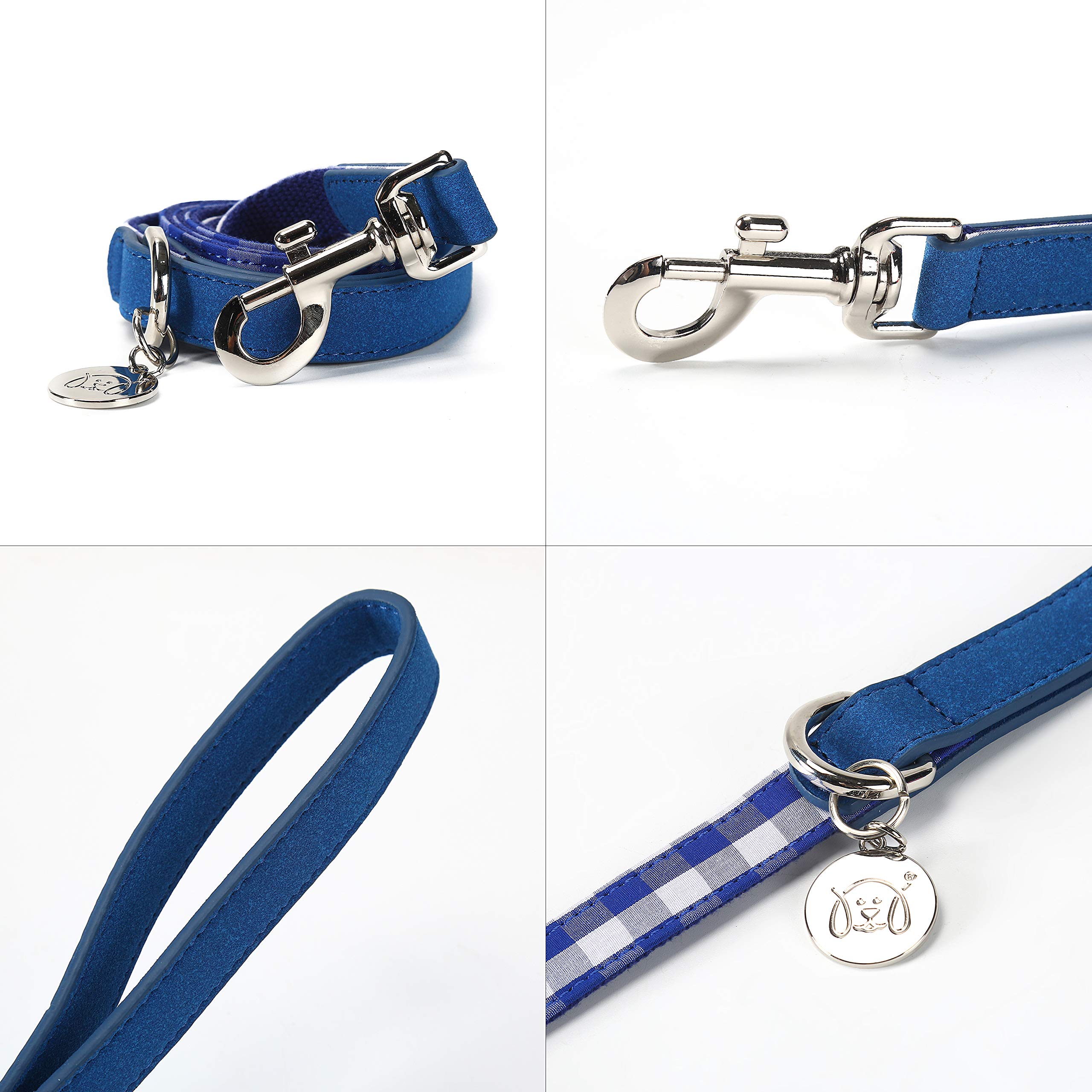 United Pups Blue Gingham Plaid Dog Collar with Adjustable Bow Tie & Matching Leash - Medium Size for Small to Medium Dogs - Perfect for Daily Walks, Pet Photos & Special Occasions