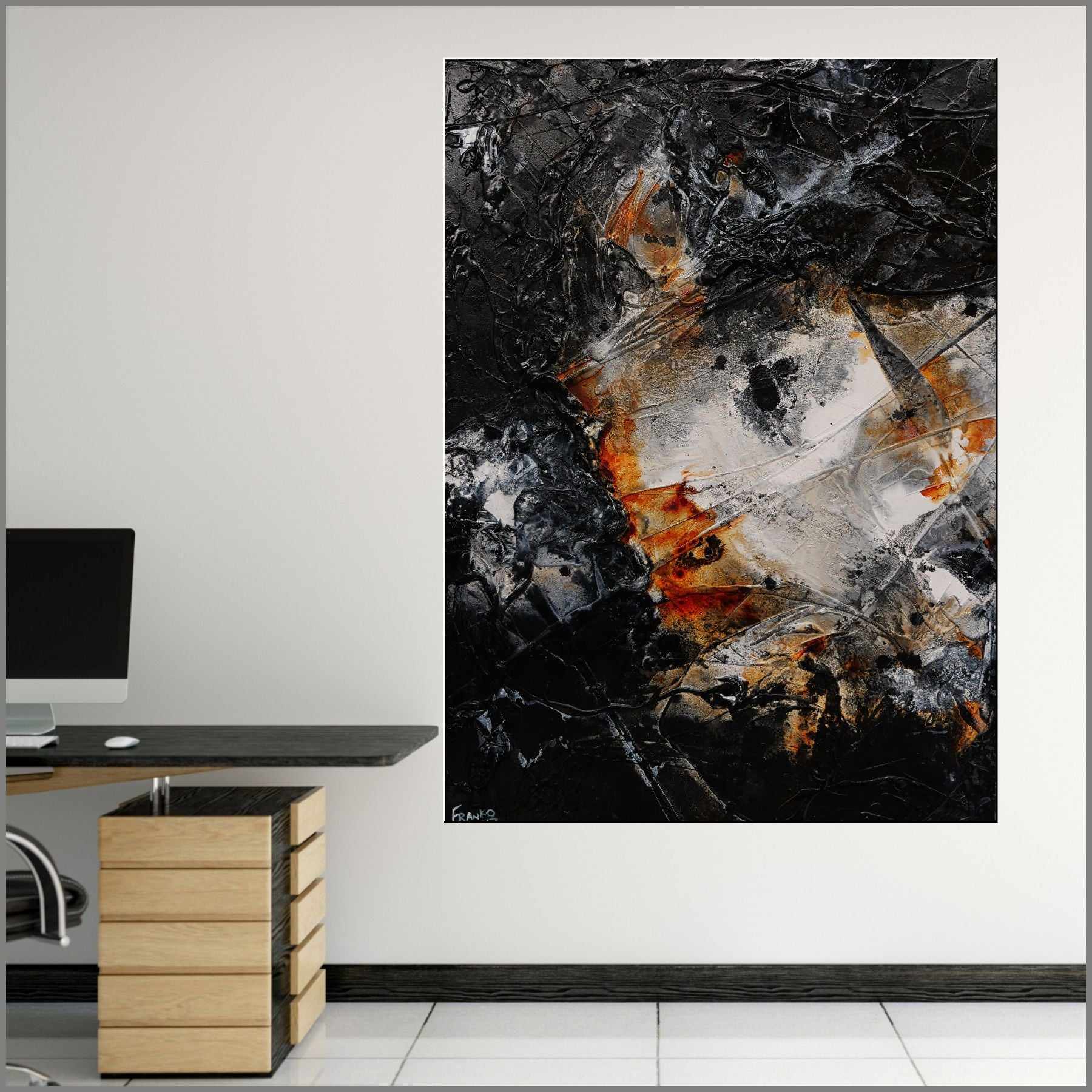 140cm x 100cm Black Rust White Textured Abstract Canvas Painting - Modern Wall Art for Living Room, Bedroom & Office Decor