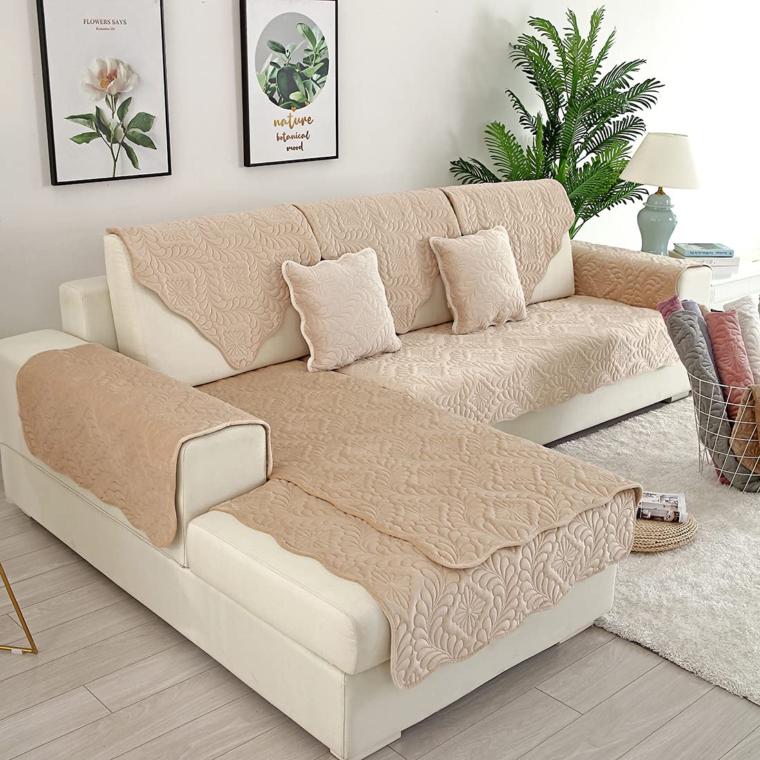 Velvet Quilted Sofa Cover - Soft Non-Slip Sectional Couch Slipcover for Pets, Dogs & Cats - Fits L-Shaped Leather Couches & Recliners with Armrest & Backrest Protection (Camel, 36