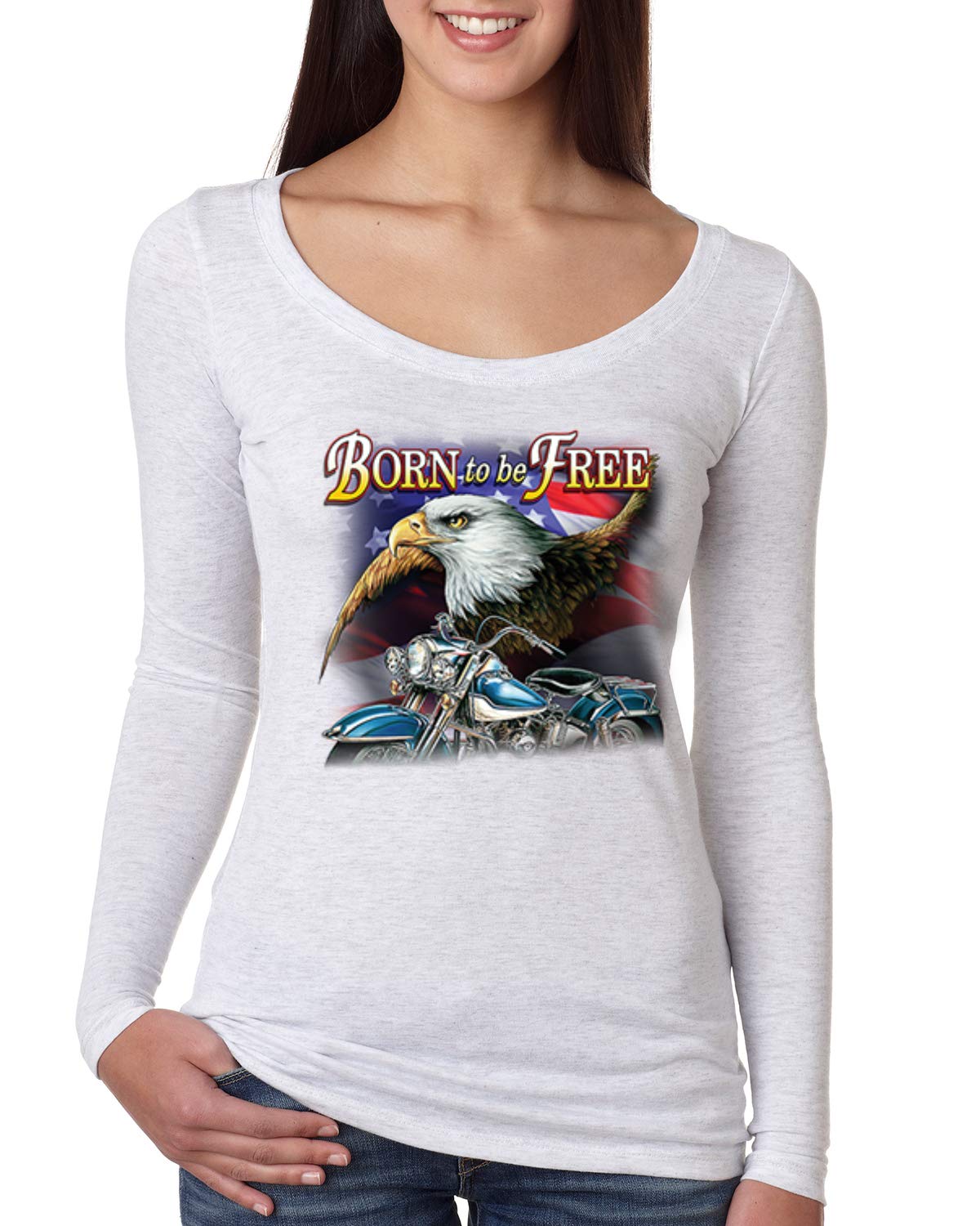 Born to Be Free Bald Eagle & American Flag Print Women's Scoop Neck Long Sleeve T-Shirt - Patriotic Casual Wear for Cars & Trucks Enthusiasts