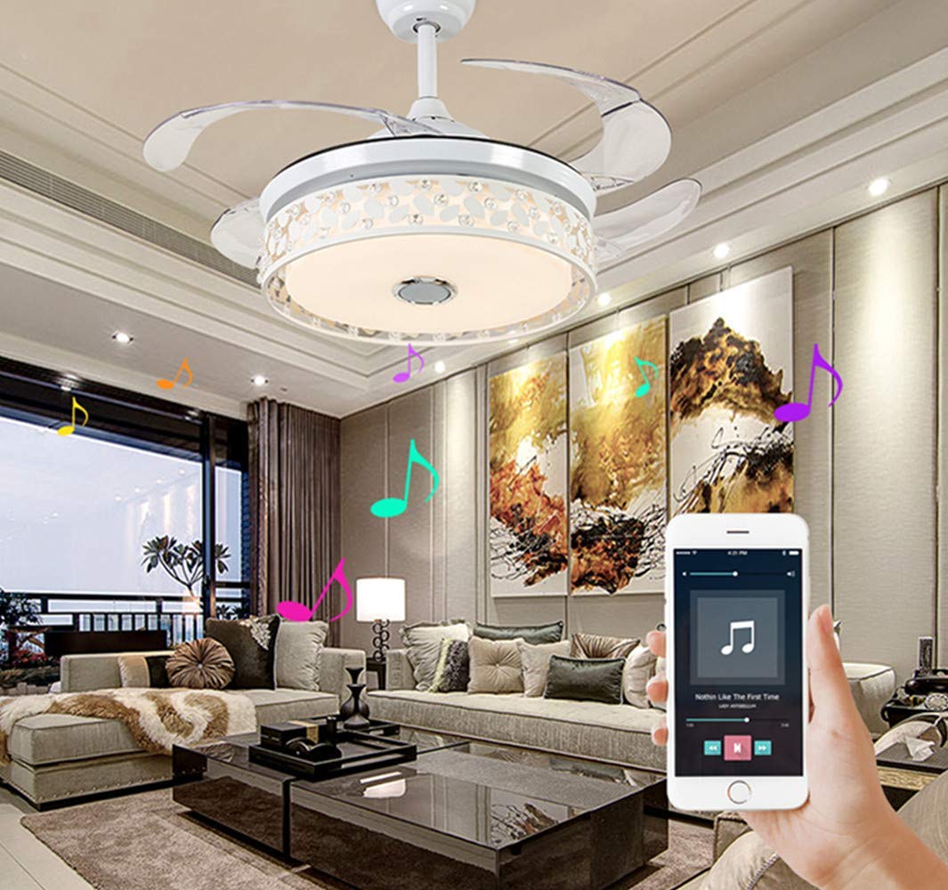 42 Inch Smart Ceiling Fan with Light, Bluetooth Speaker & Remote Control - Modern 7-Color Dimmable LED Chandelier Fan, Ultra Quiet for Bedroom, Dining Room & Living Room - Perfect for Home Cooling & Ambient Lighting (White)