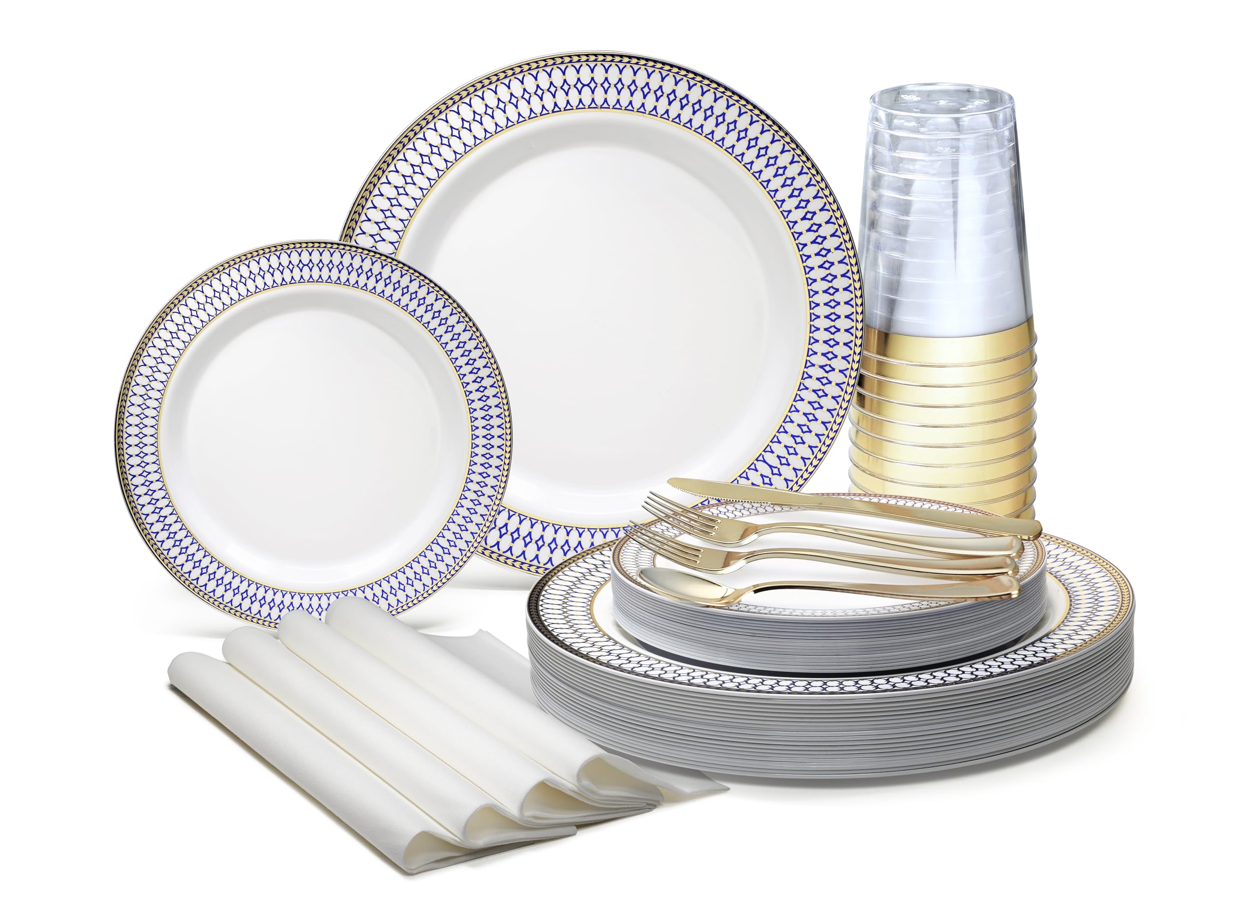 320-Piece Heavyweight Disposable Plastic Plate Set for Weddings & Parties – Includes 40 x 10.5'' Plates, 40 x 7.5'' Plates, Silverware, Cups & Napkins (Odyssey White/Blue & Gold) – Perfect for Large Gatherings, Catering Events & Special Occasions
