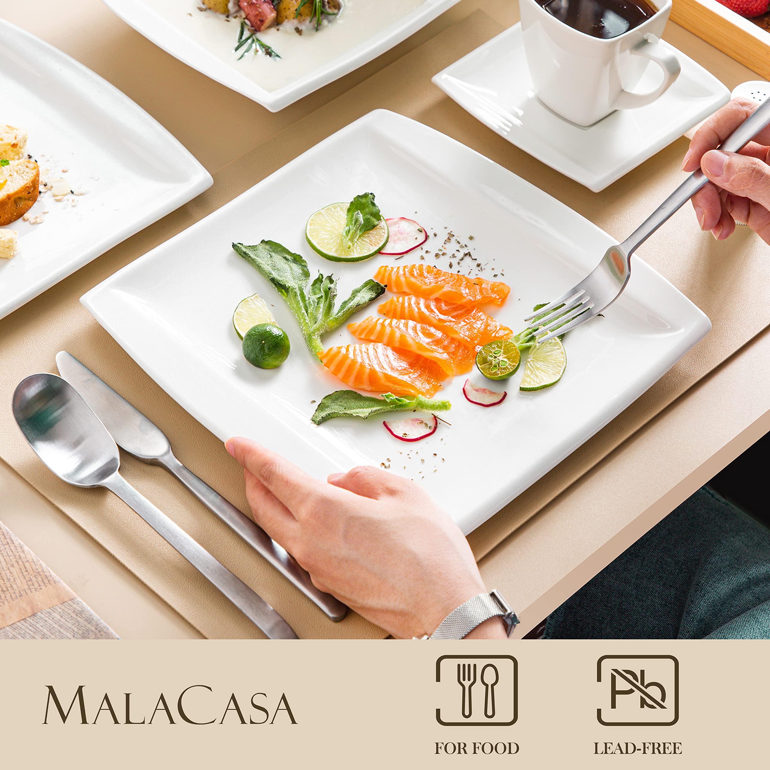 MALACASA 60-Piece Ivory White Porcelain Dinnerware Set for 12 - Square Plates, Bowls, Cups & Saucers - Modern Dining Ware Collection - Perfect for Family Gatherings, Dinner Parties & Restaurant Use