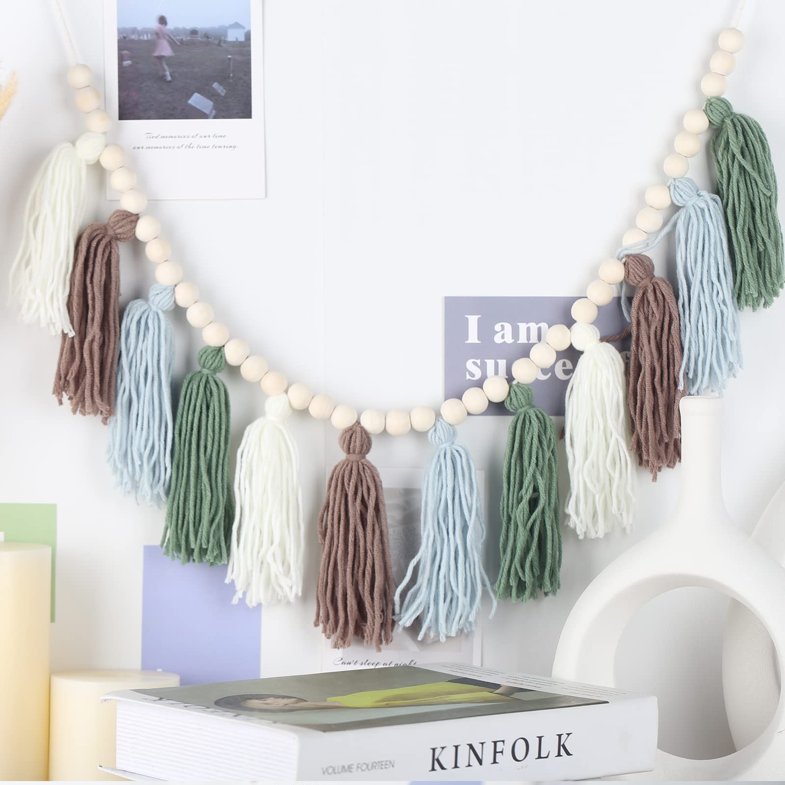 Boho Cotton Tassel Garland with Wood Beads - Wall Hanging Decor for Birthday, Christmas Party, Nursery, Bedroom, Playroom & Baby Shower - Perfect for Boho Home Decor, Classroom & Dorm Room Aesthetic