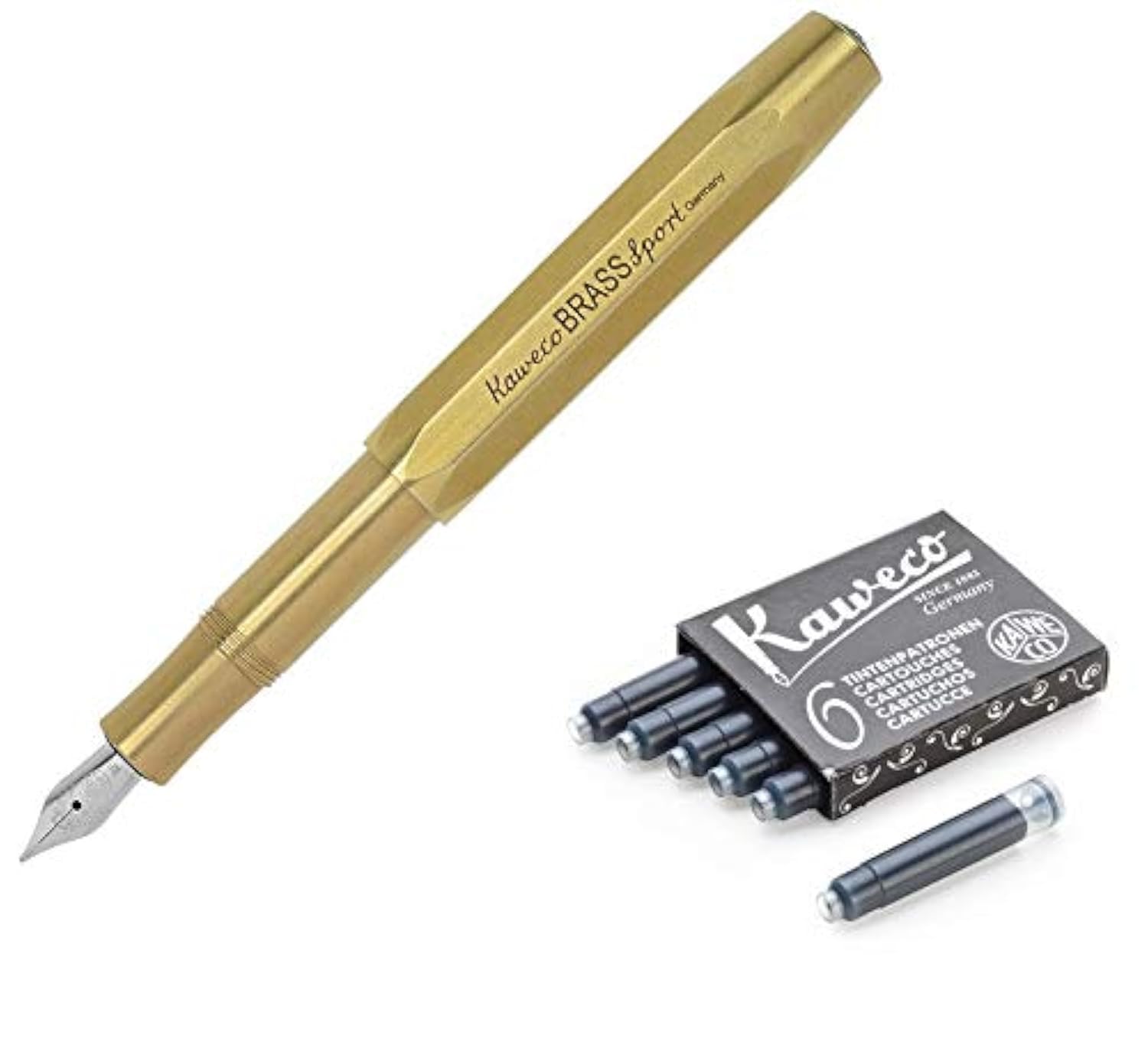 Kaweco AL Sport Fountain Pen with Fine Nib - Brass Body + 6 Black Ink Cartridges Gift Set for Writing, Journaling & Office Use