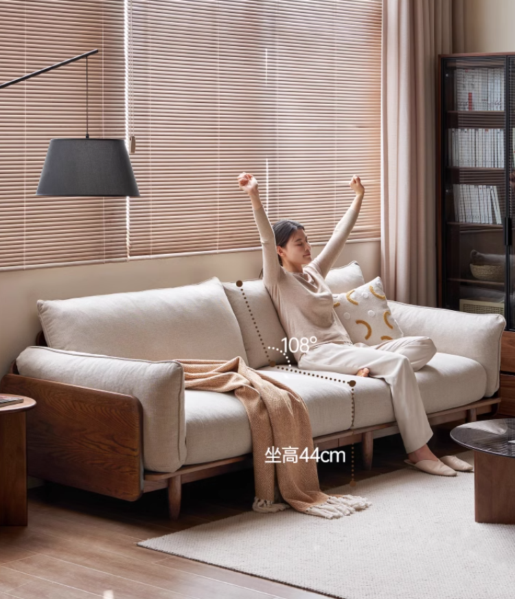 Oak Solid Wood Leather & Fabric Straight Sofa - Durable Modern Living Room Furniture for Home & Office