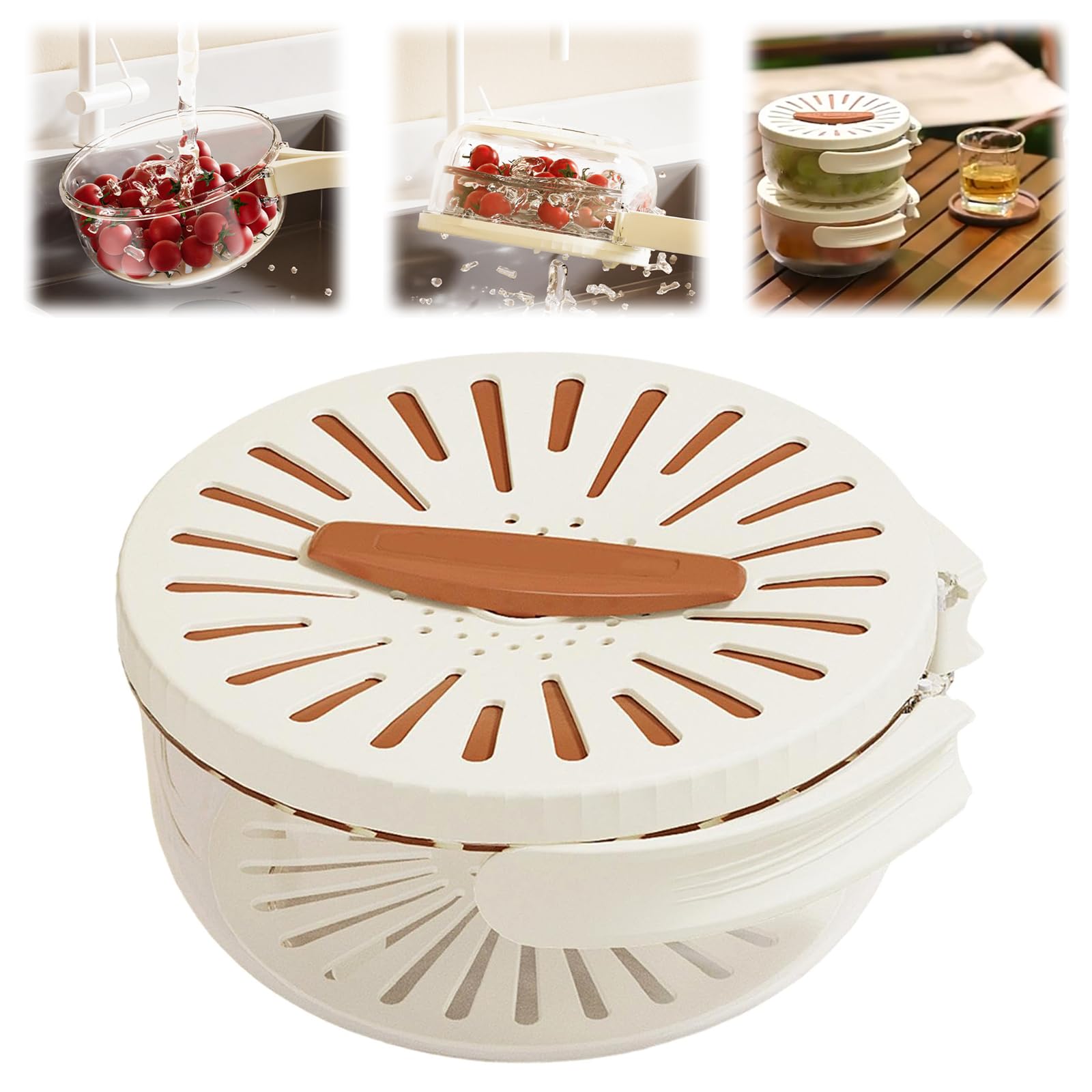 Stainless Steel Fruit and Vegetable Drain Basket with Lid - Dual Layer Kitchen Colander for Washing, Draining, and Storing Produce - Foldable Handle for Easy Storage - Perfect for Salad Prep, Pasta Draining, and Fresh Produce Storage