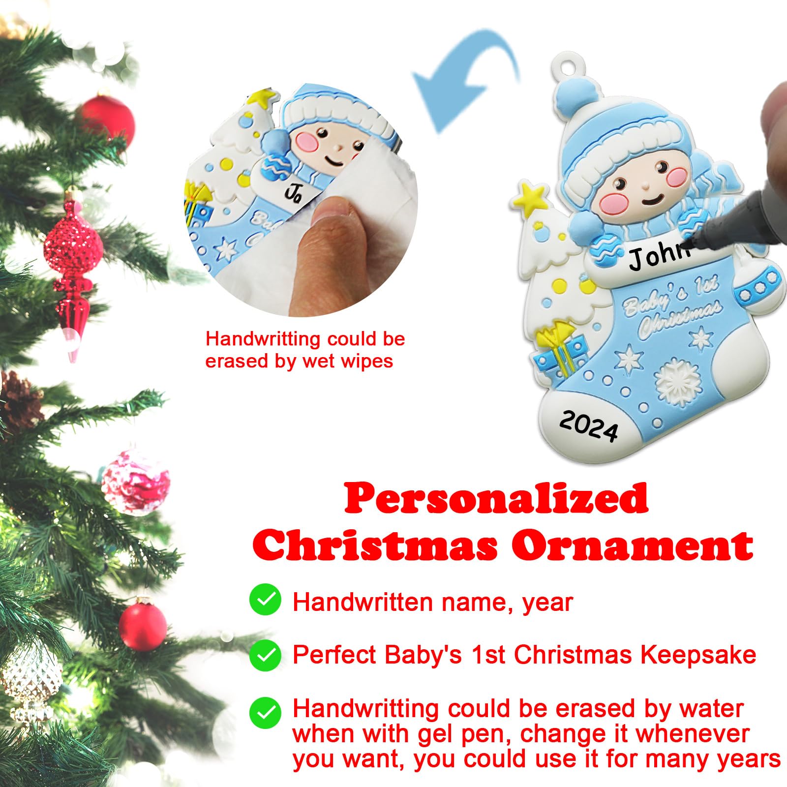 Personalized Baby Boy's First Christmas Ornament 2024 - Custom Handwritten Keepsake for Newborn Boys - Christmas Tree Decoration - Free Engraving - Perfect for Baby's 1st Christmas, Holiday Gifts & Family Keepsakes