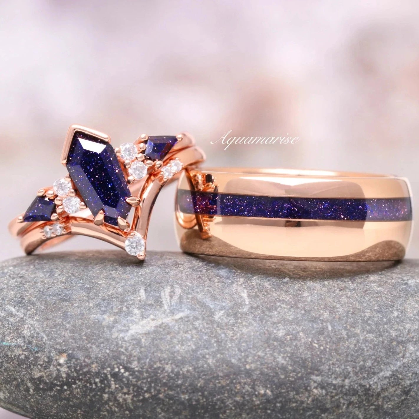 Galaxy Sandstone Starry Night Couple Rings for Him & Her - Matching Promise Rings for Anniversary, Wedding, Engagement - Perfect Romantic Gift for Couples in Love