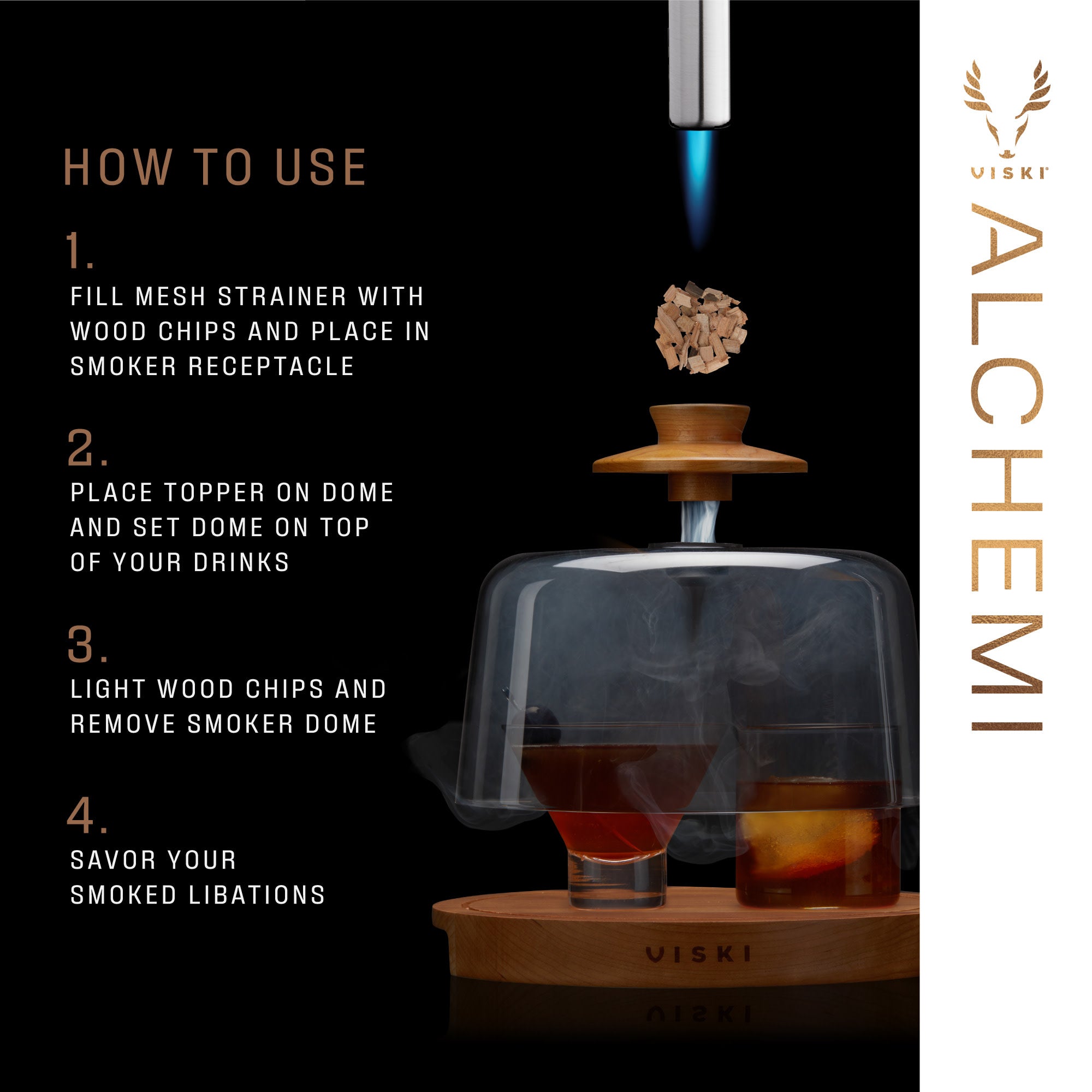 Premium Alchemi Smoked Cocktail Dome Kit - Whiskey & Cocktail Smoking Set with Glass Dome, Wooden Base & Reusable Sticks (Perfect for Home Bars, Parties & Gifts)