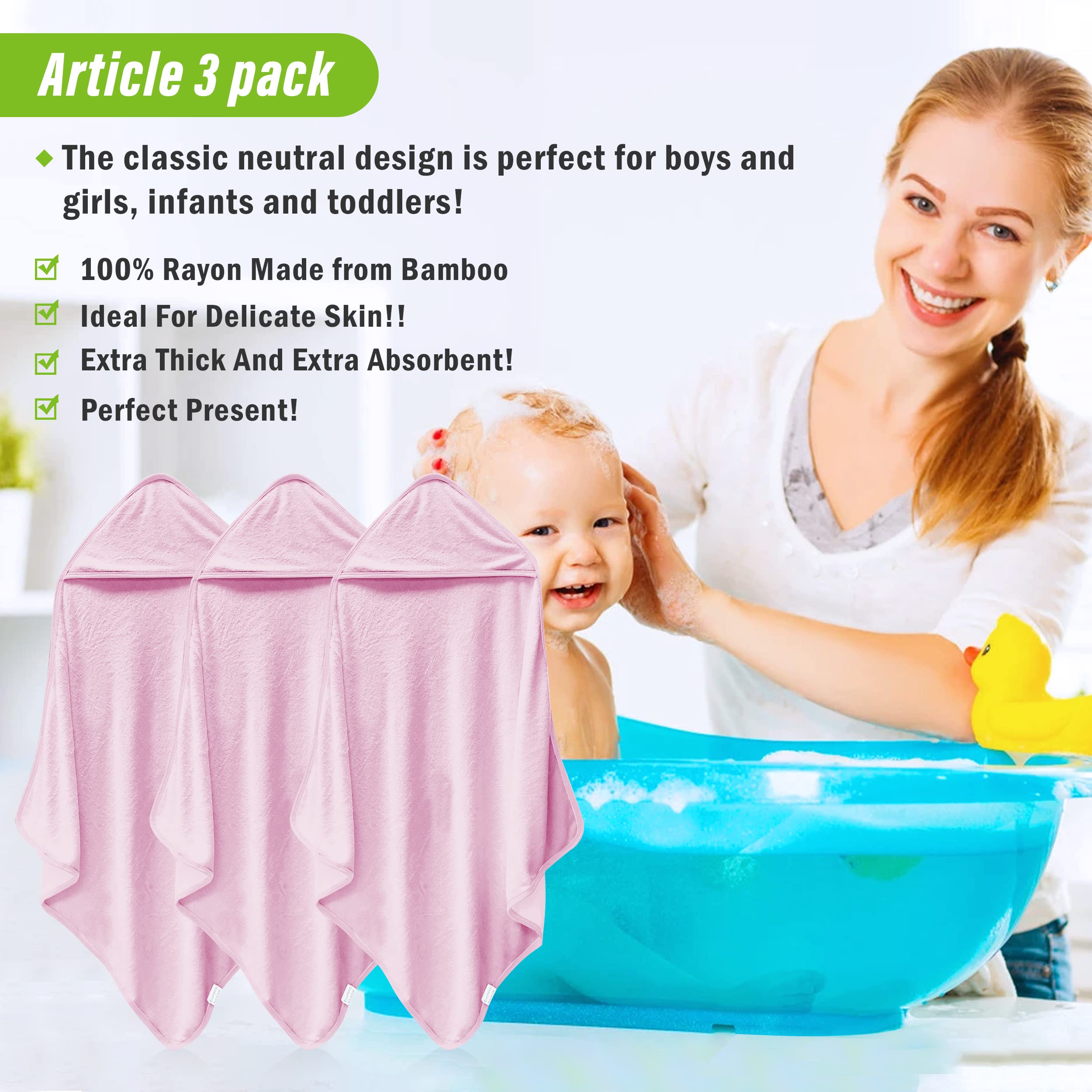 3 Pack Baby Hooded Towels - Ultra Soft Bamboo Rayon Bath Towels for Newborn, Infant & Toddler - Unisex Baby Boy & Girl Gift - Highly Absorbent for Bath Time, Swimming & Spa - Pink