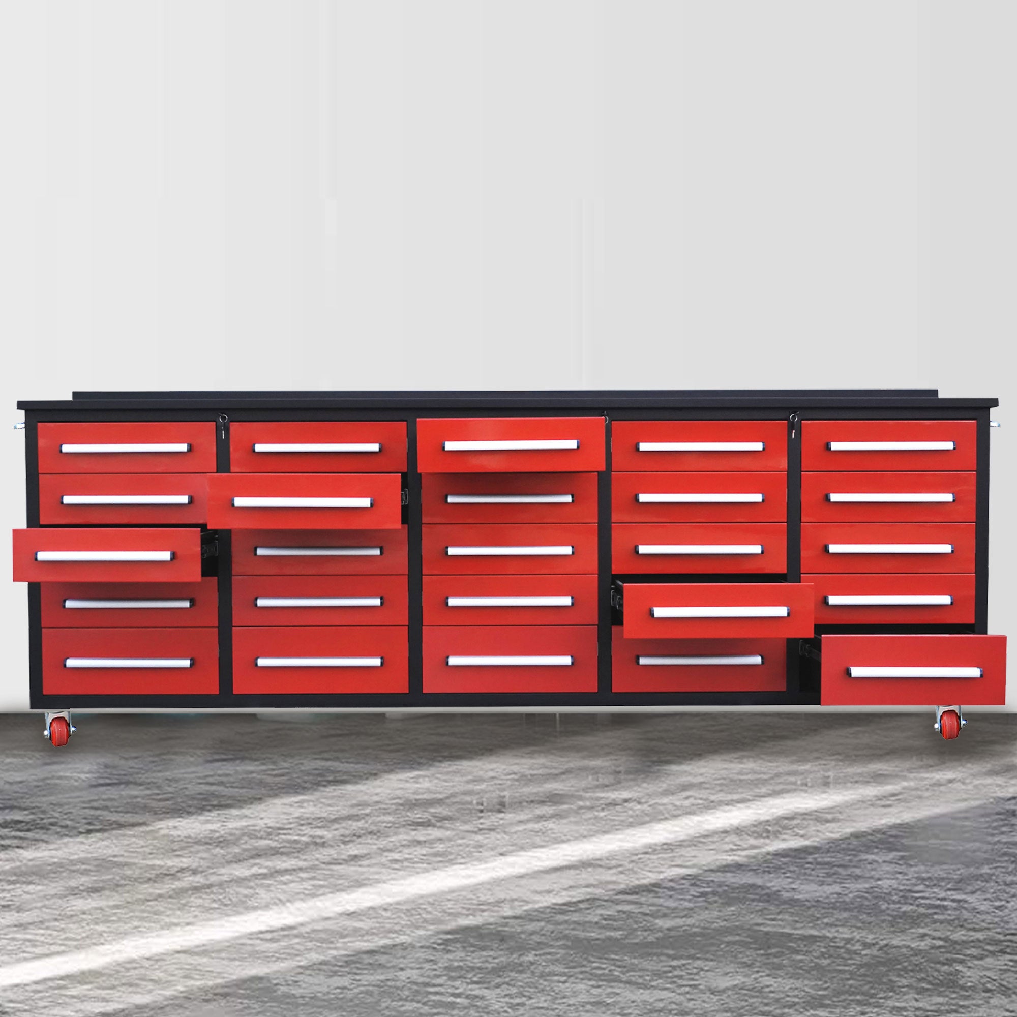 10ft Heavy Duty Workbench with 25 Storage Drawers - Red | Garage Workshop Organizer, Tool Storage Solution for DIY & Professional Use