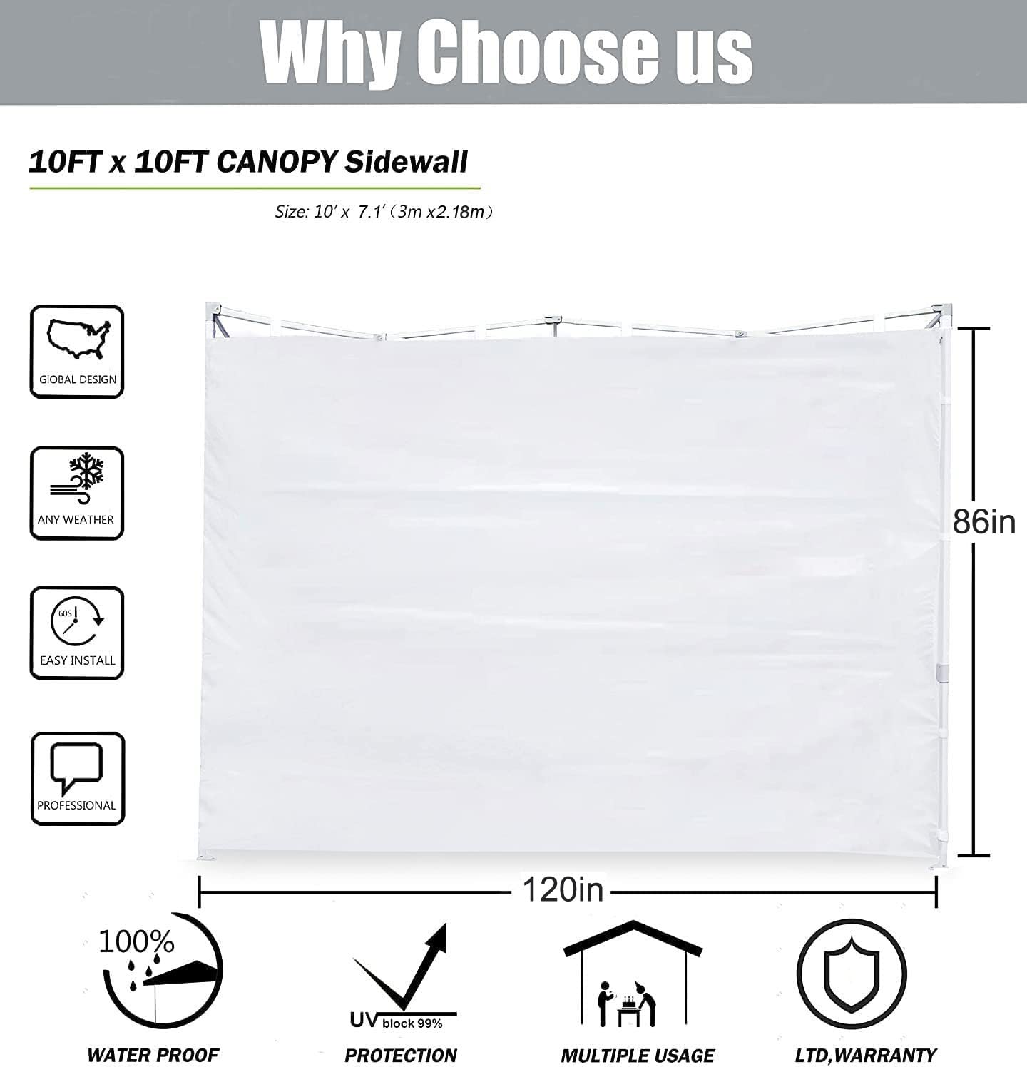SCOCANOPY Side Wall for 10x10 Pop Up Canopy Frame - 1 Pack White SunWall for Outdoor Events, Parties & Beach Protection