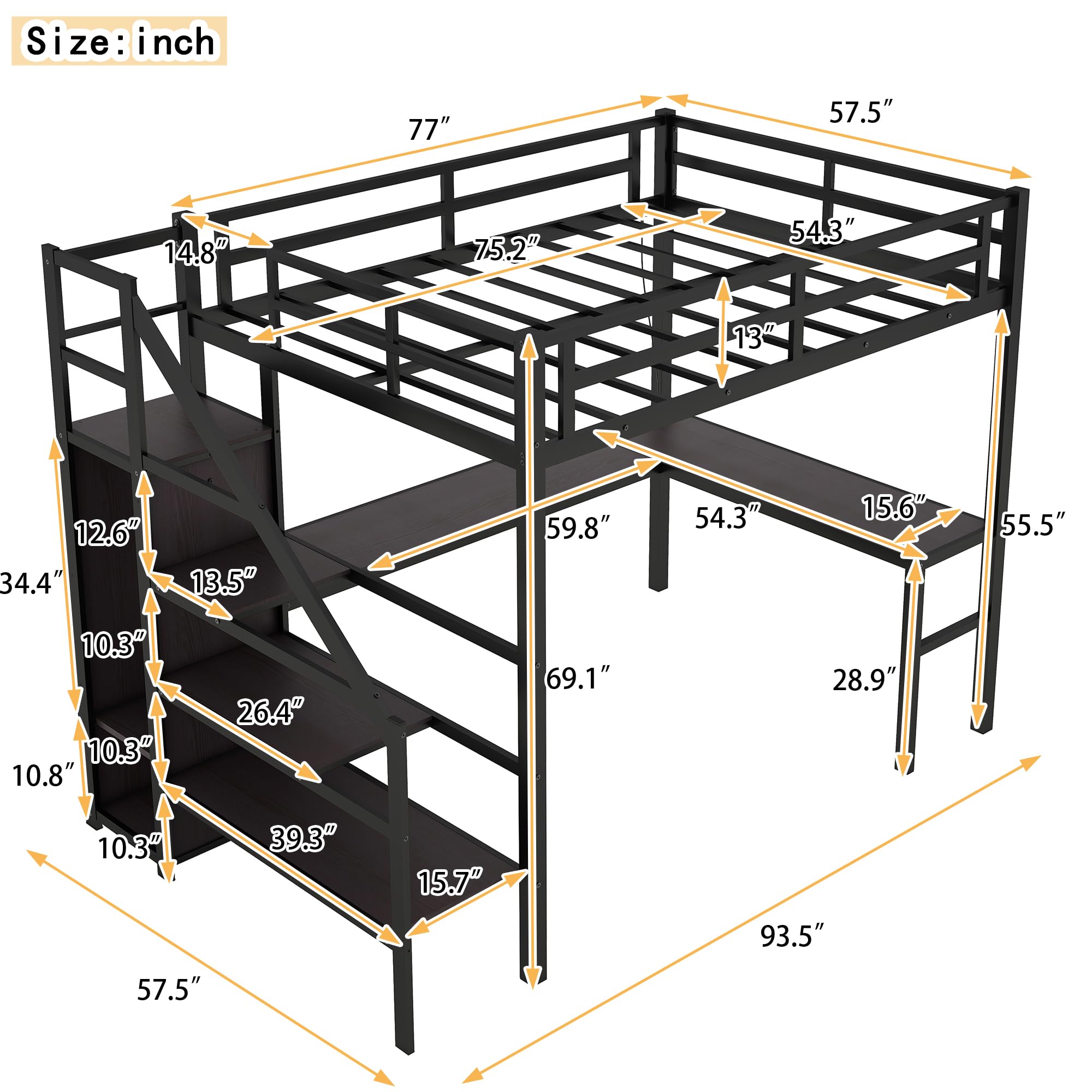 Full Size Loft Bed with Desk, Storage Shelf & Stairs - Space-Saving Metal Loft Bed with Wardrobe, Charging Station & RGB LED Lights for Adults, Teens & Kids | Perfect for Small Bedrooms, Dorms & Studio Apartments (Black)