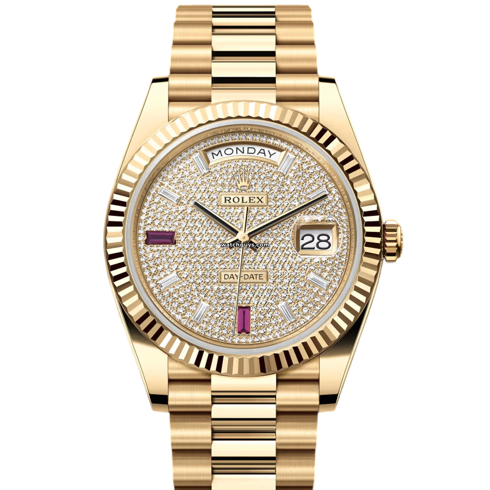 Luxury Rolex Day Date 228238 18K Gold Watch with Pave Diamond & Ruby Bezel - Perfect for Gifts, Special Occasions & High-End Fashion