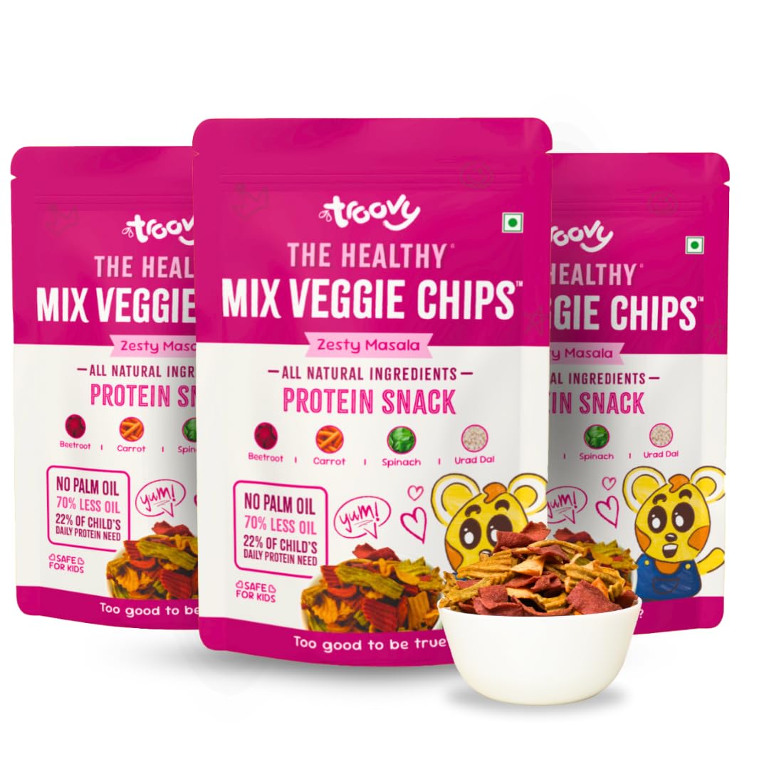 Troovy Healthy Vegetable Chips - High Protein Snacks with Beetroot, Carrot & Spinach | No Palm Oil, Cholesterol or Trans Fats | Masala Flavored | 3 Packs x 70g | Perfect for Keto Diet, Office Snacking & Weight Loss
