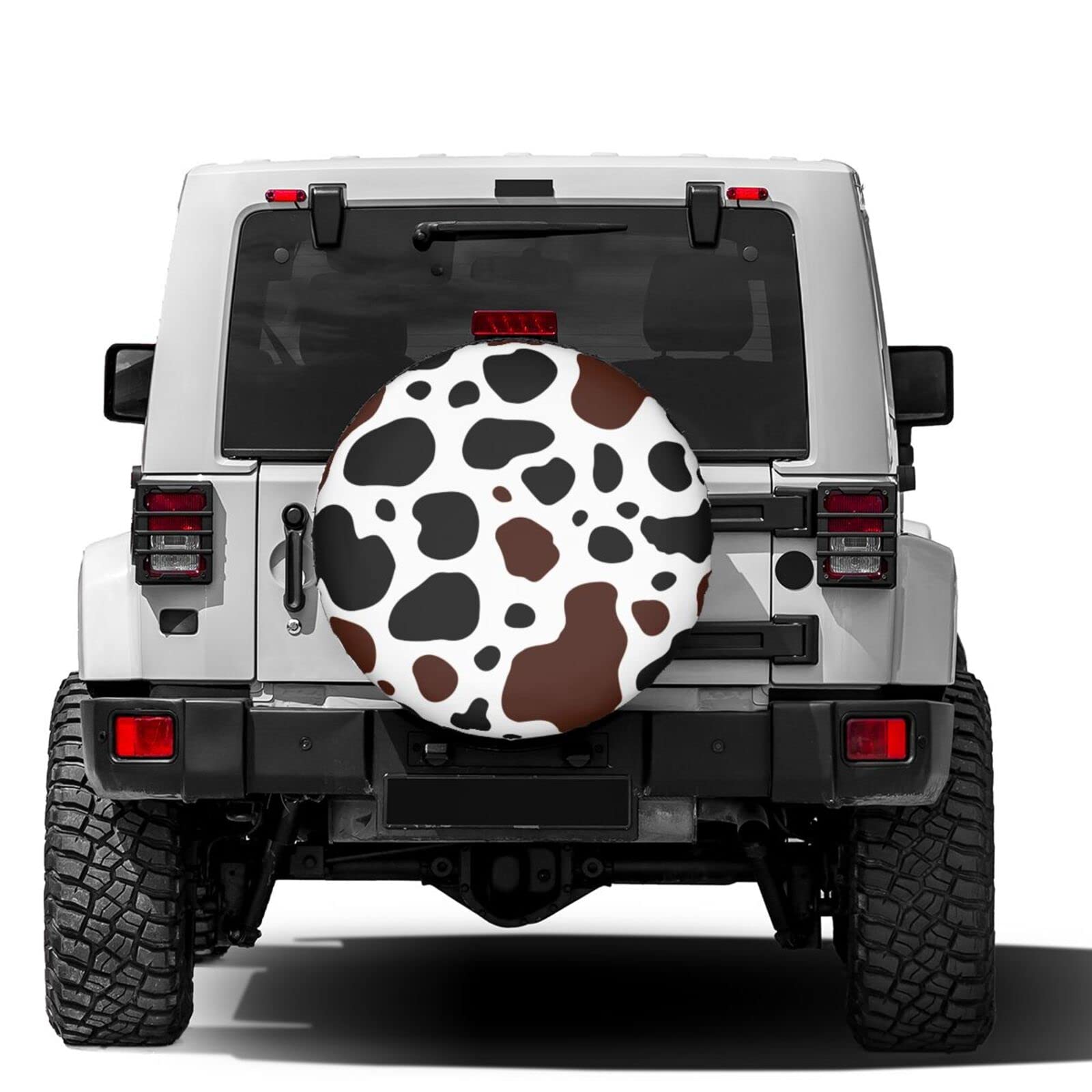White Cow Print Black Brown Spot Spare Tire Cover - 14 Inch Dust-Proof Wheel Protector for Trailer, RV, SUV & Vehicles - Perfect for Outdoor Camping & Road Trips
