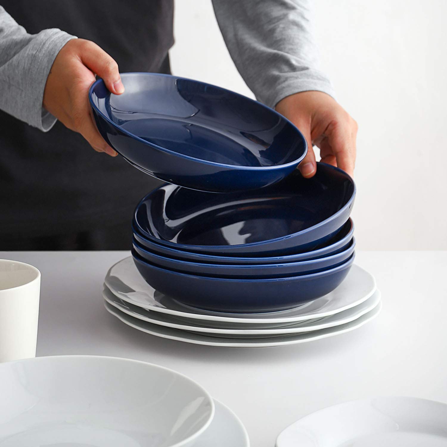 Y YHY 30oz Pasta Bowls Set of 6 - Large Porcelain Soup & Salad Serving Bowls, Wide Shallow Dishes - Microwave & Dishwasher Safe - Blue - Perfect for Family Dinners, Restaurants & Entertaining