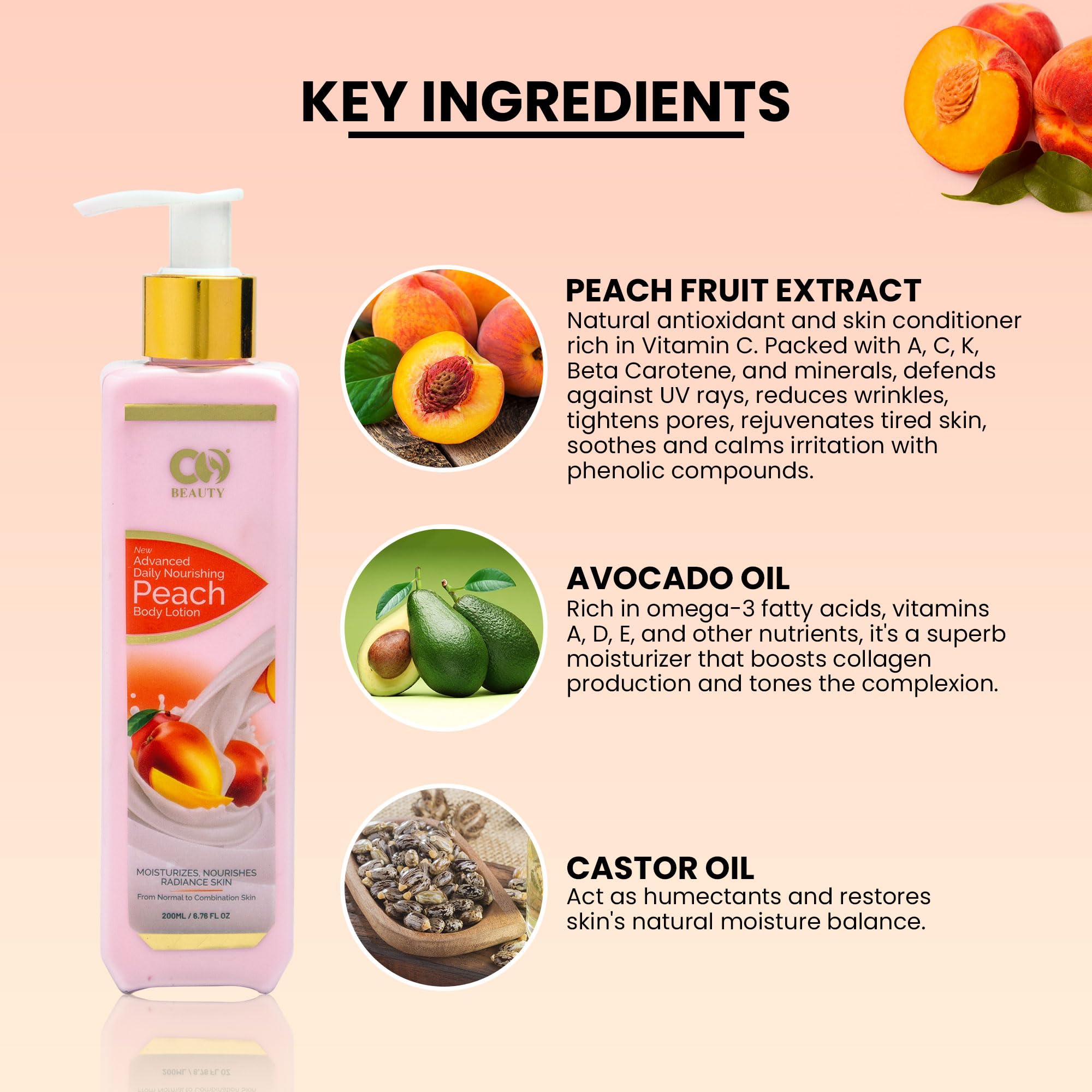 CO BEAUTY Deep Nourishing Peach Body Lotion for Women & Men - 200ml | Non-Greasy Hydrating Body Milk with Peach Extract, Avocado & Castor Oil | Paraben & SLS Free Moisturizer | Perfect for Dry Skin Care & Daily Hydration