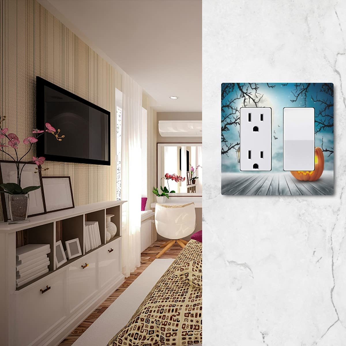 Halloween Pumpkin Bat Moon Wall Plate - Skeleton Trick or Treat Electrical Outlet Cover - 1 Gang Switch Plate for Light Receptacle - Home Decor (4.6x2.9 Inch) - Perfect for Halloween Party Decorations & Spooky Home Décor