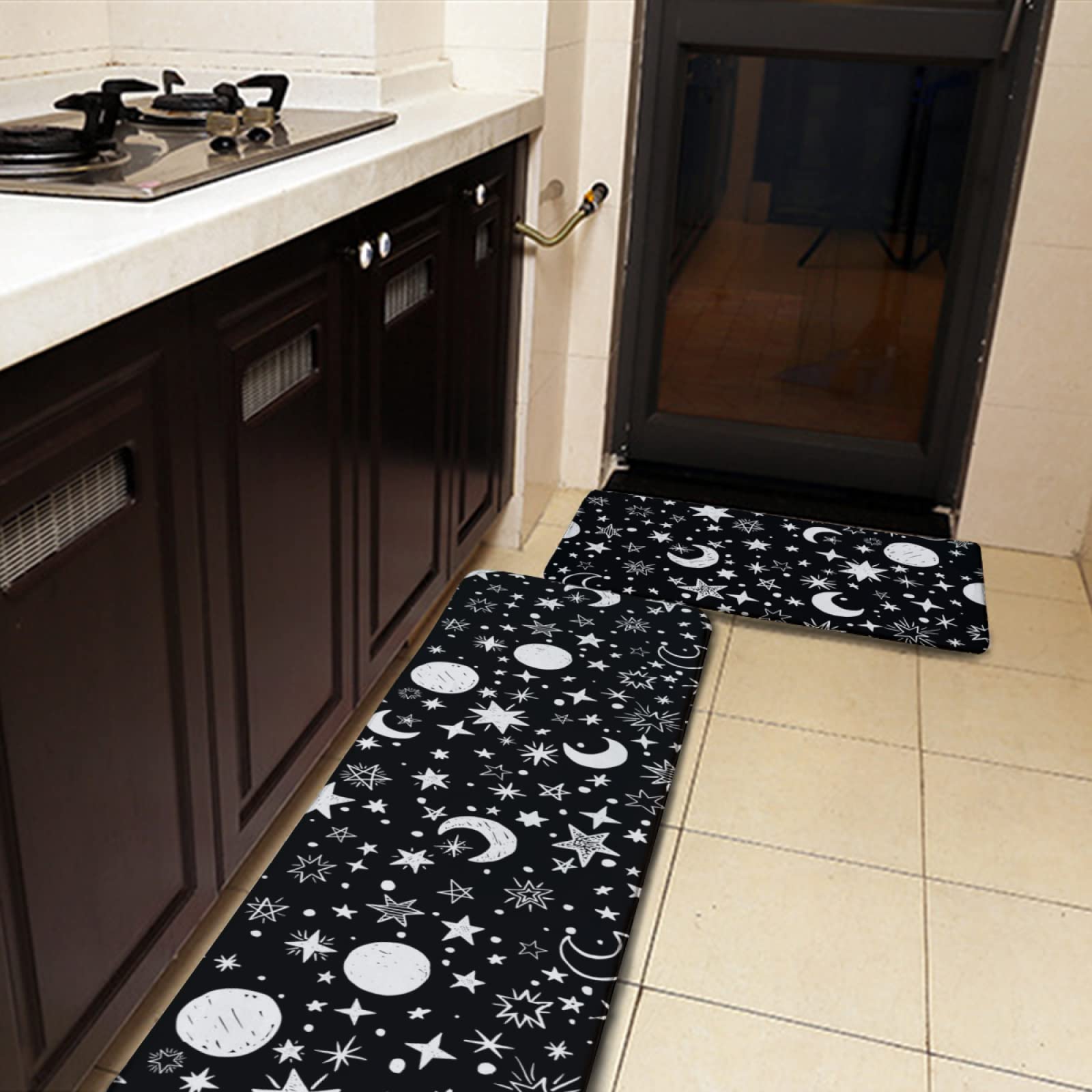 Black and White Moon & Star Pattern Non-Slip Kitchen Rug Set - 2-Piece Washable Flannel Floor Mats for Kitchen, Bathroom, Laundry Room - Soft Runner Rugs for Home Decor & Safety (One Size)