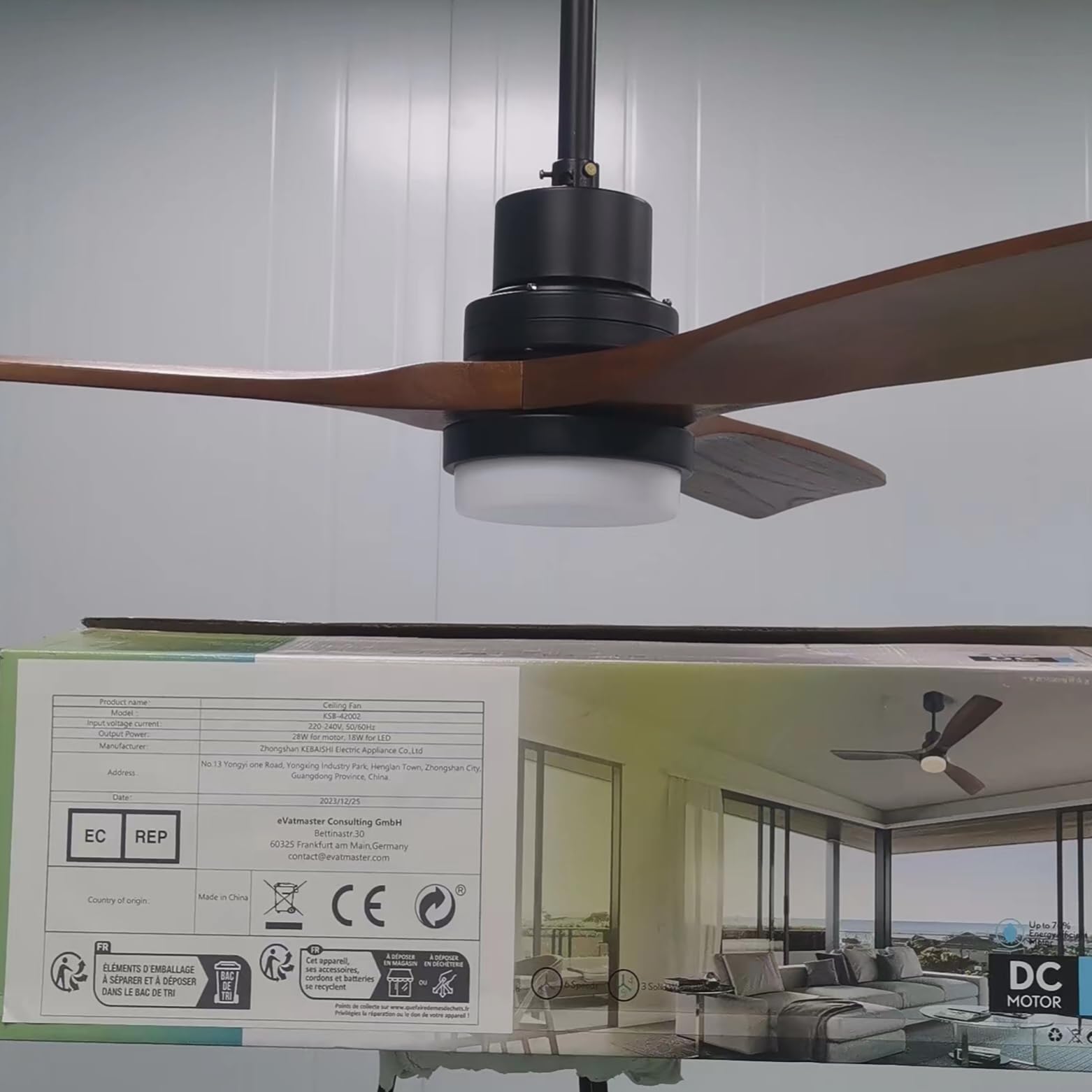 52 Inch Walnut Ceiling Fan with Light and Remote Control - 3 Wooden Blades, Dimmable 3-Color LED Light, 6-Speed DC Reversible Silent Motor for Living Room, Bedroom, and Office