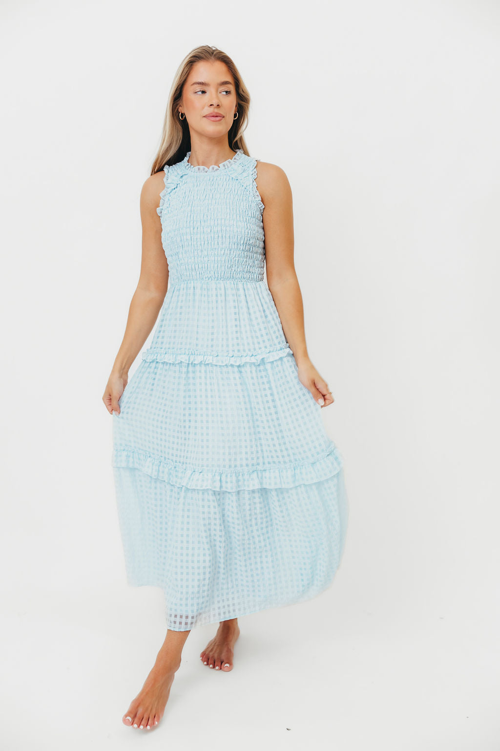 Powder Blue Hyacinth Sleeveless Gingham Maxi Dress with Ruffle Details - Perfect for Summer Beach Vacations, Garden Parties & Boho Fashion Outfits