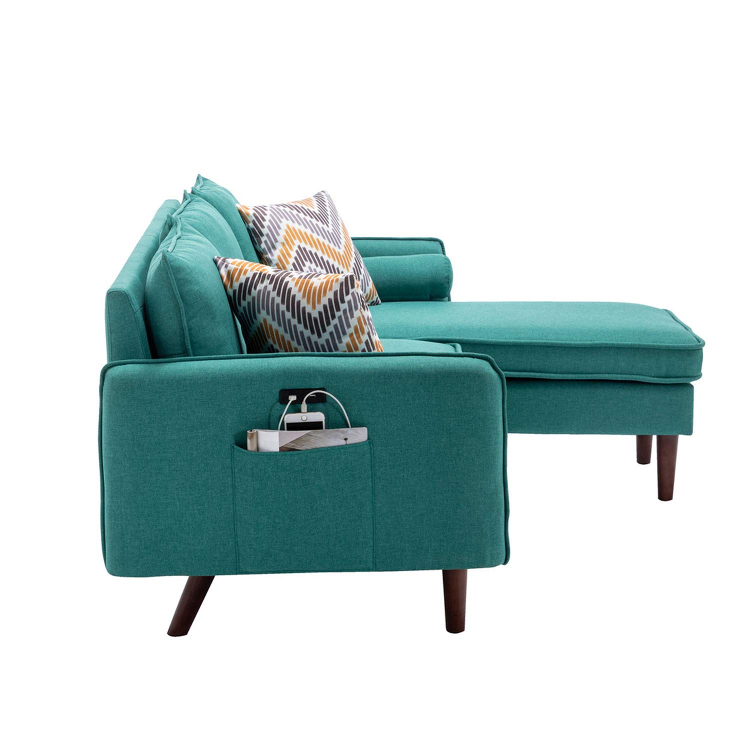 Lilola Home Mia Green Sectional Sofa Chaise with USB Charger & Throw Pillows - Modern L-Shaped Couch for Living Room, Family Room & Small Spaces
