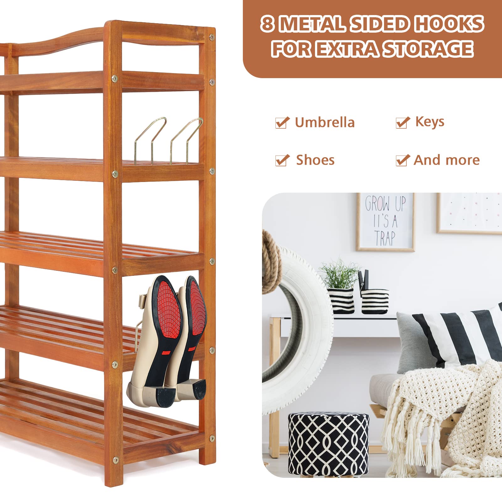 Giantex 5-Tier Acacia Wood Shoe Rack with Metal Hooks - Holds 12-18 Pairs of Shoes - Sturdy Shoe Organizer & Storage Shelf for Entryway, Hallway or Closet (25