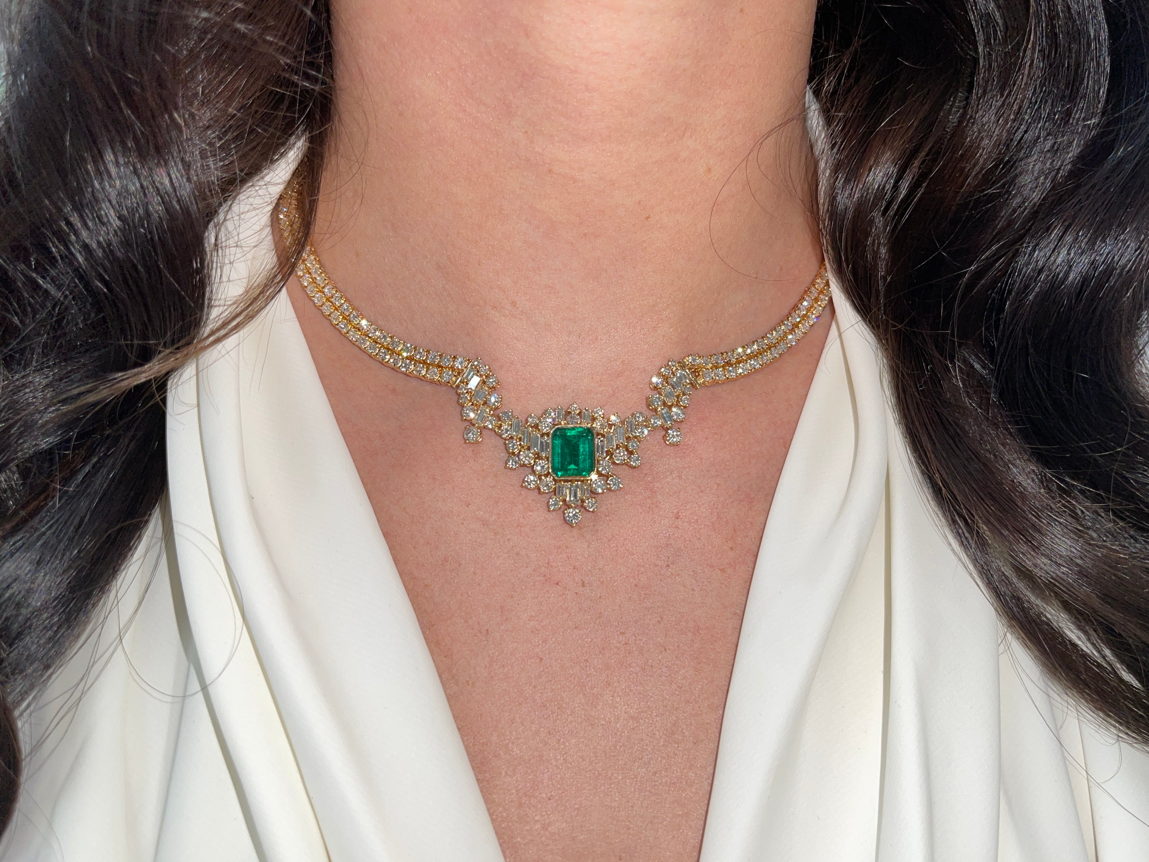 23.06tcw AAA+ Investment Grade Emerald & Diamond Statement Necklace in 18K Gold - Luxury Jewelry for Weddings, Galas & Special Occasions