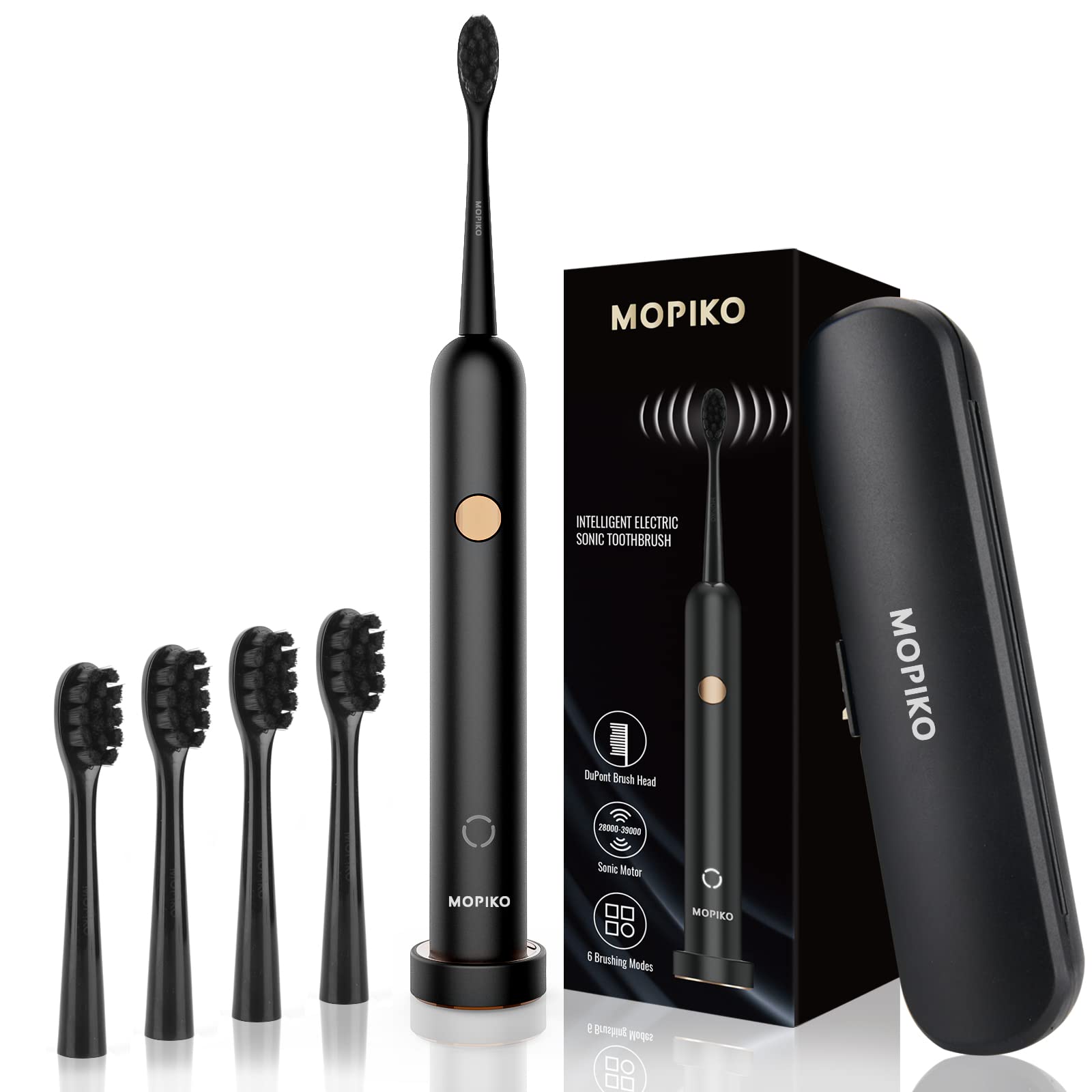 Rechargeable Sonic Electric Toothbrush for Adults - 6 Modes, Fast Charge, Smart Timer with 4 Brush Heads & Travel Case - Perfect for Travel, Home & Daily Oral Care (Black)