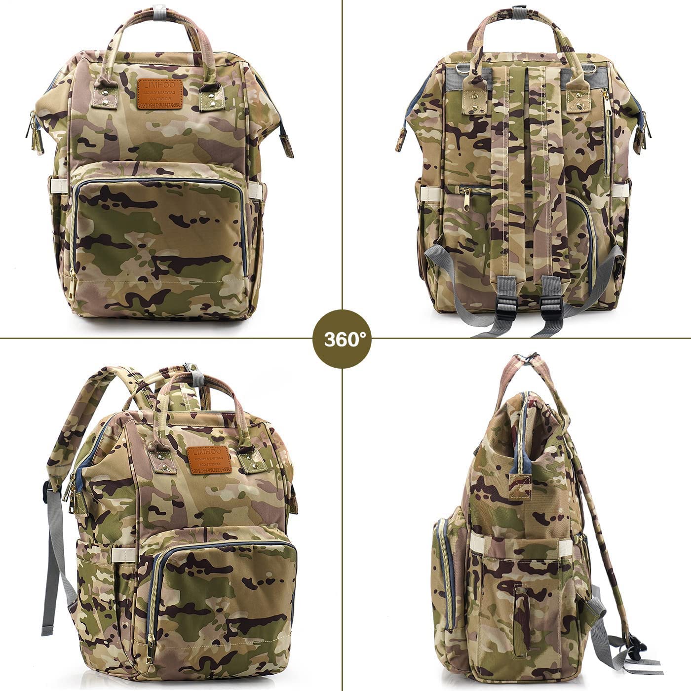 Limhoo Waterproof Camo Diaper Backpack for Men & Dads - Large Canvas Baby Care Bag with Multiple Pockets | Perfect for Travel, Daycare & Outdoor Adventures