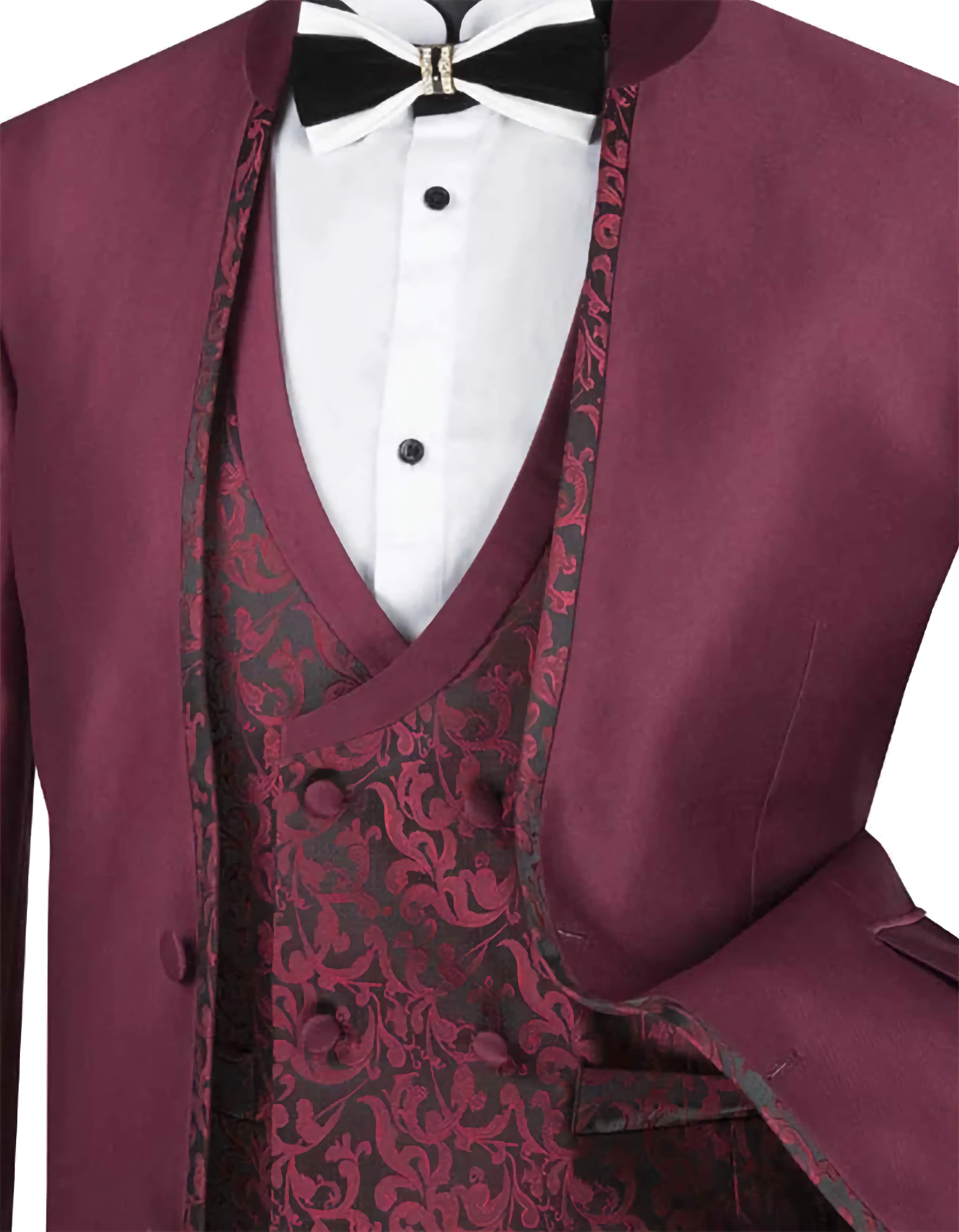 Stylish Slim Fit 3-Piece Burgundy Sharkskin Suit with Banded Collar | Perfect for Weddings, Business Meetings & Formal Events
