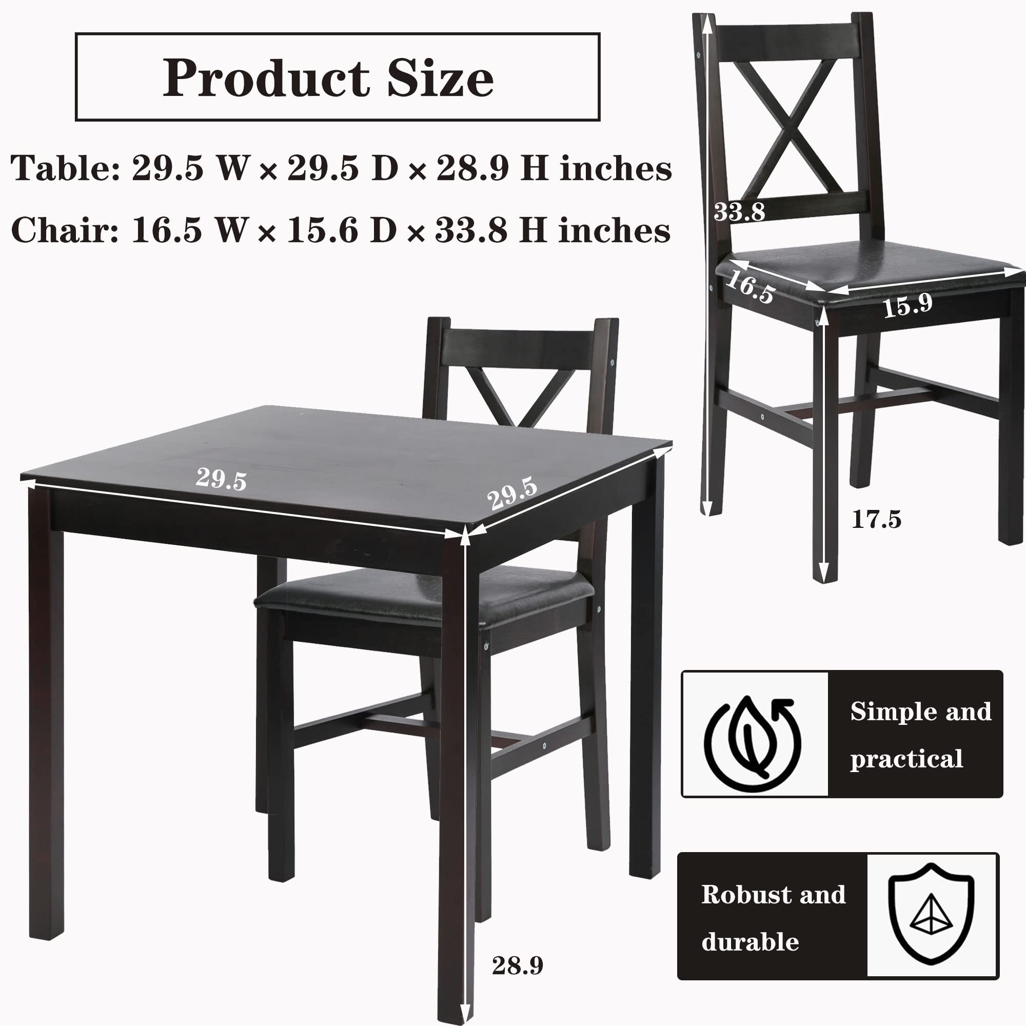 3-Piece Wooden Dining Table Set - Square Kitchen Table & Chairs for 2 - Sturdy Breakfast Nook Set for Small Spaces - Perfect for Home, Restaurant & Living Room - Brown Finish - Ideal for Compact Kitchens, Cozy Breakfast Nooks & Small Dining Areas