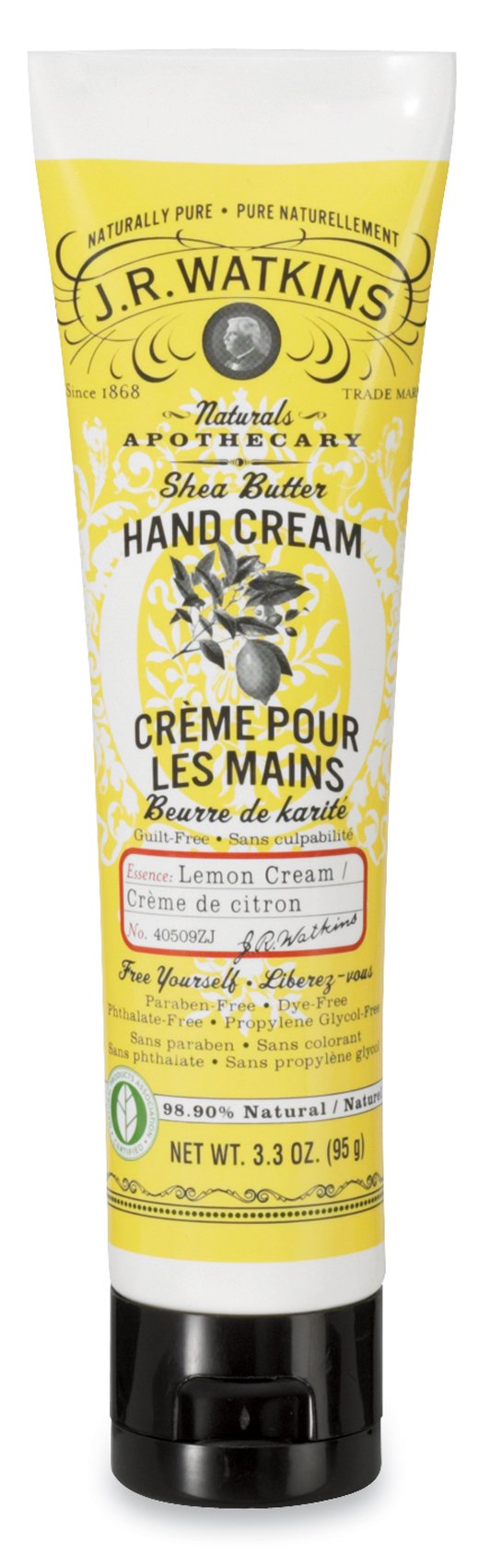 J.R. Watkins Natural Shea Butter Hand Cream - Lemon Scented, 3.3 Oz (Pack of 4) | Moisturizing Dry Skin, Cuticle Care & Gift Sets for Women | Perfect for Office, Travel & Home Use